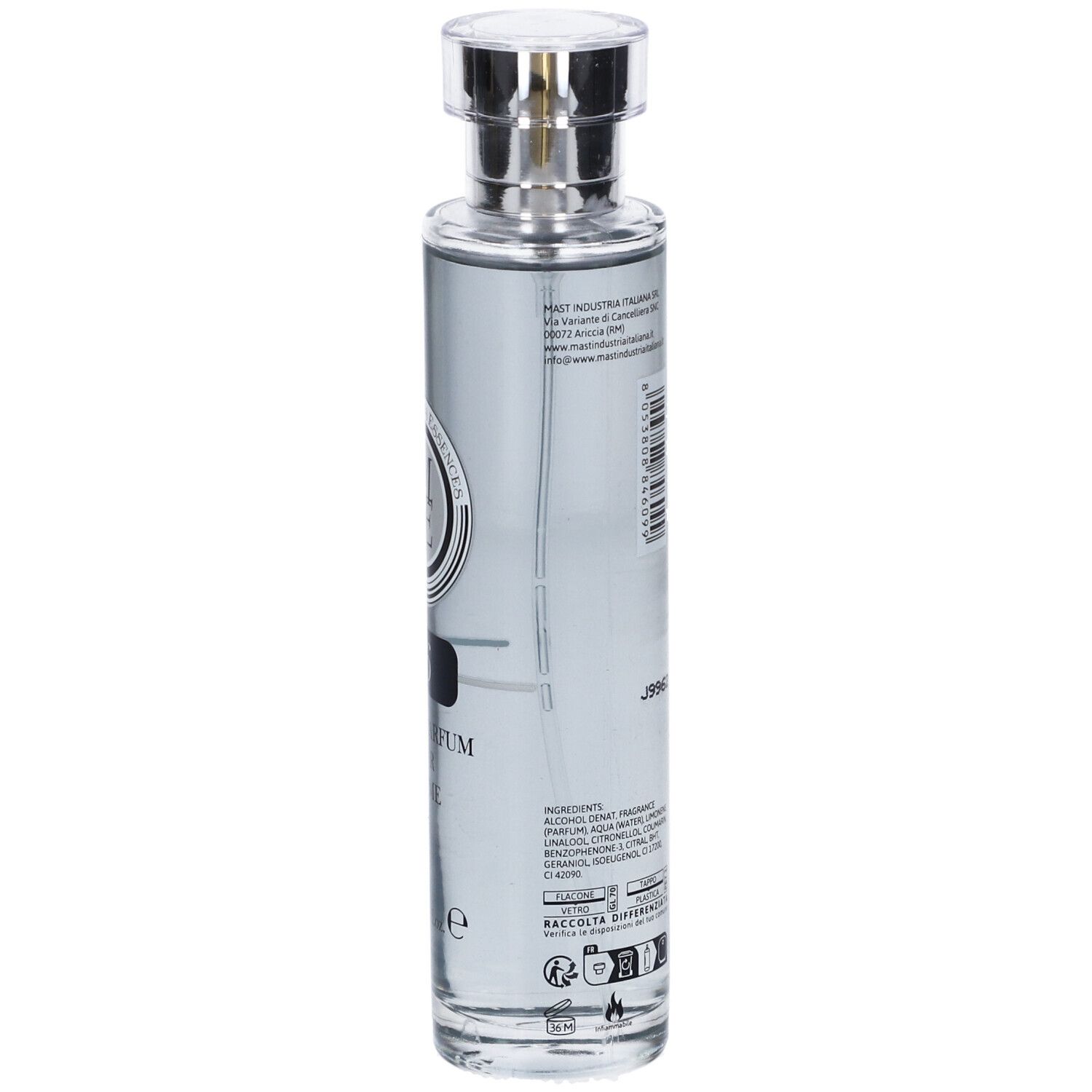 Flacone di profumo con tappo argentato. Scritta: 56, Eau de Parfum pour Homme. Marchio: La Maison Des Essences.