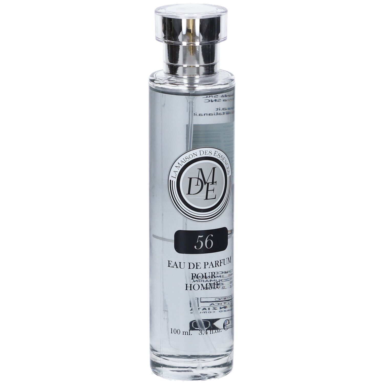 Flacone di profumo con tappo argentato. Scritta: 56, Eau de Parfum pour Homme. Marchio: La Maison Des Essences.