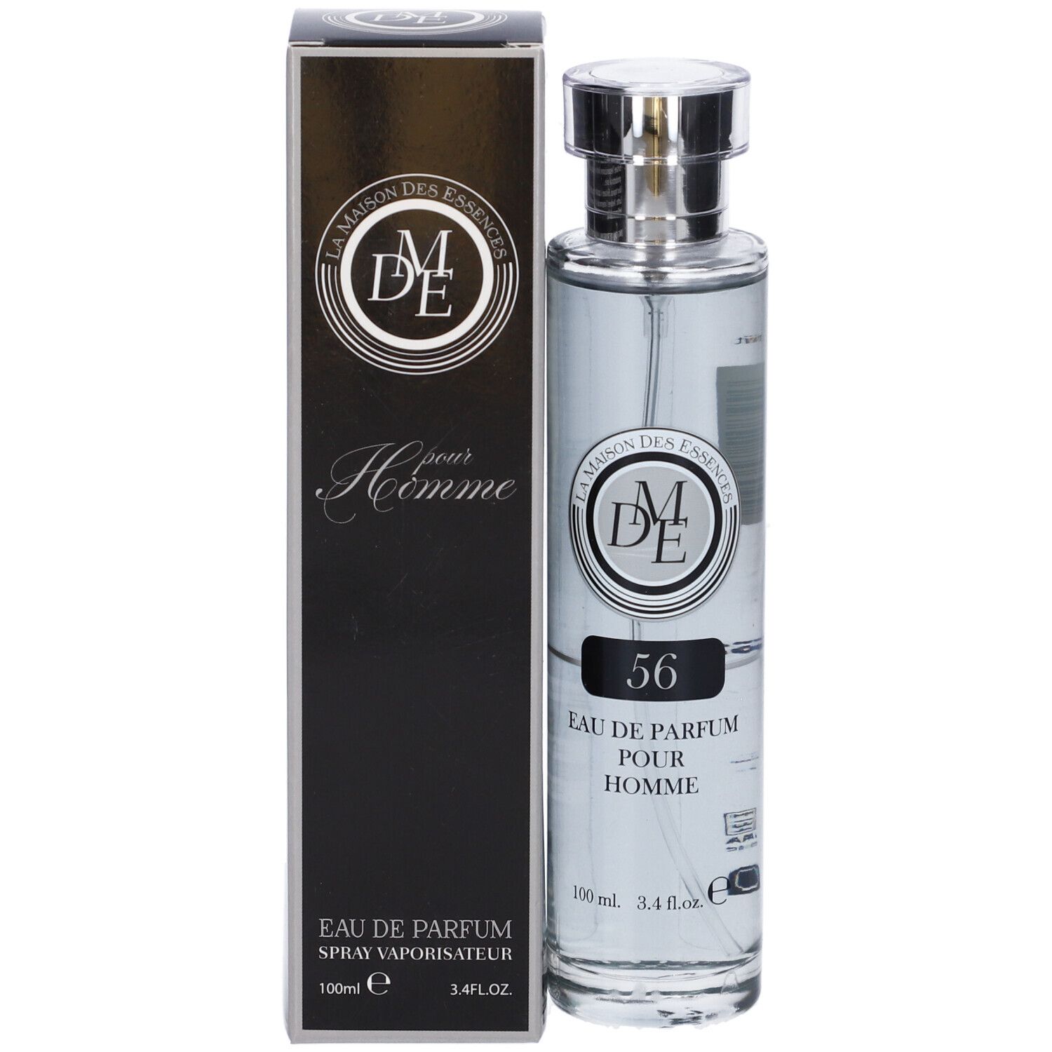 Flacone e scatola di profumo. Scritta: 56, Eau de Parfum pour Homme. Marchio: La Maison Des Essences. Scatola nera.