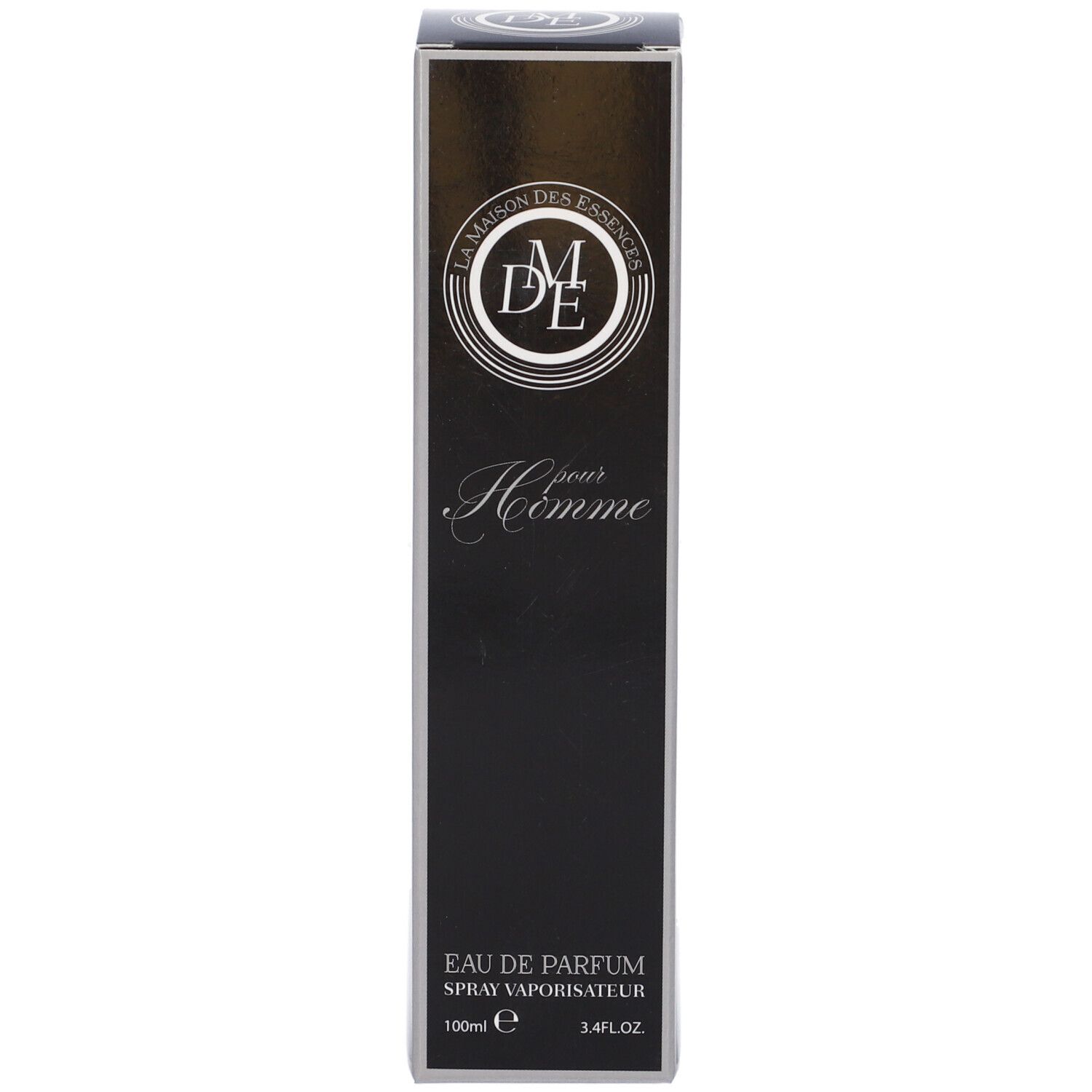 Scatola nera con scritta argentata: La Maison Des Essences pour Homme. Eau de Parfum.