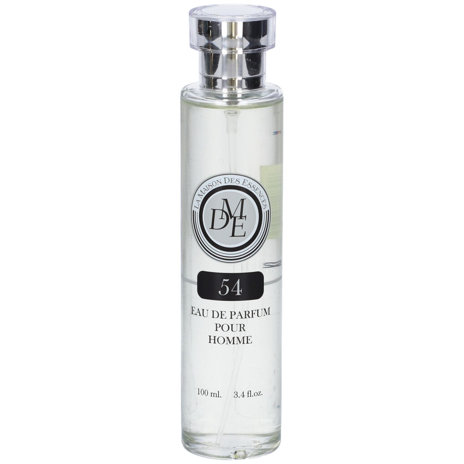 Flacone di profumo con tappo argentato. L'etichetta riporta "54" e "EAU DE PARFUM POUR HOMME".
