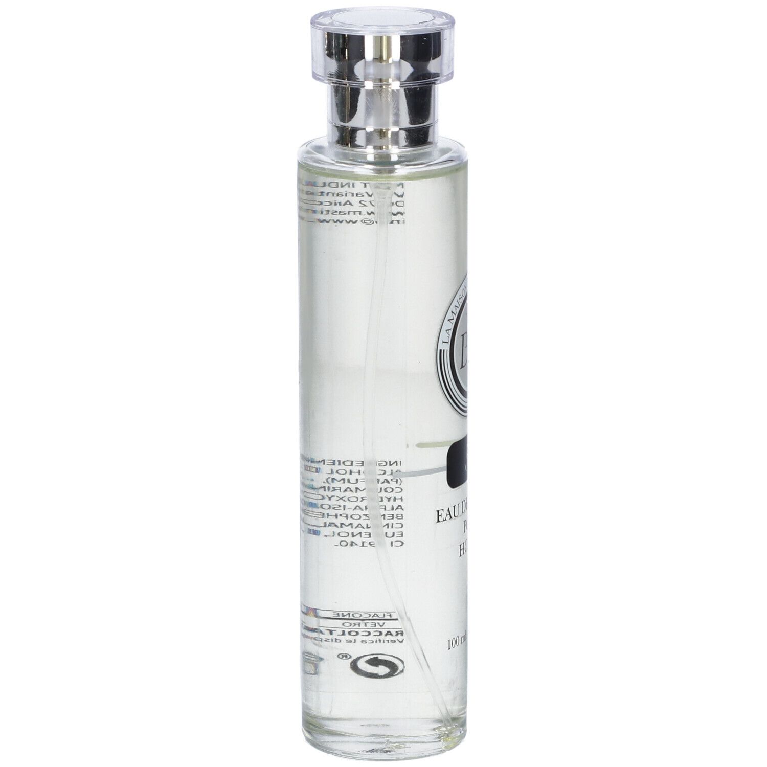 Flacone di profumo con tappo argentato. Retro con testo e codice a barre.