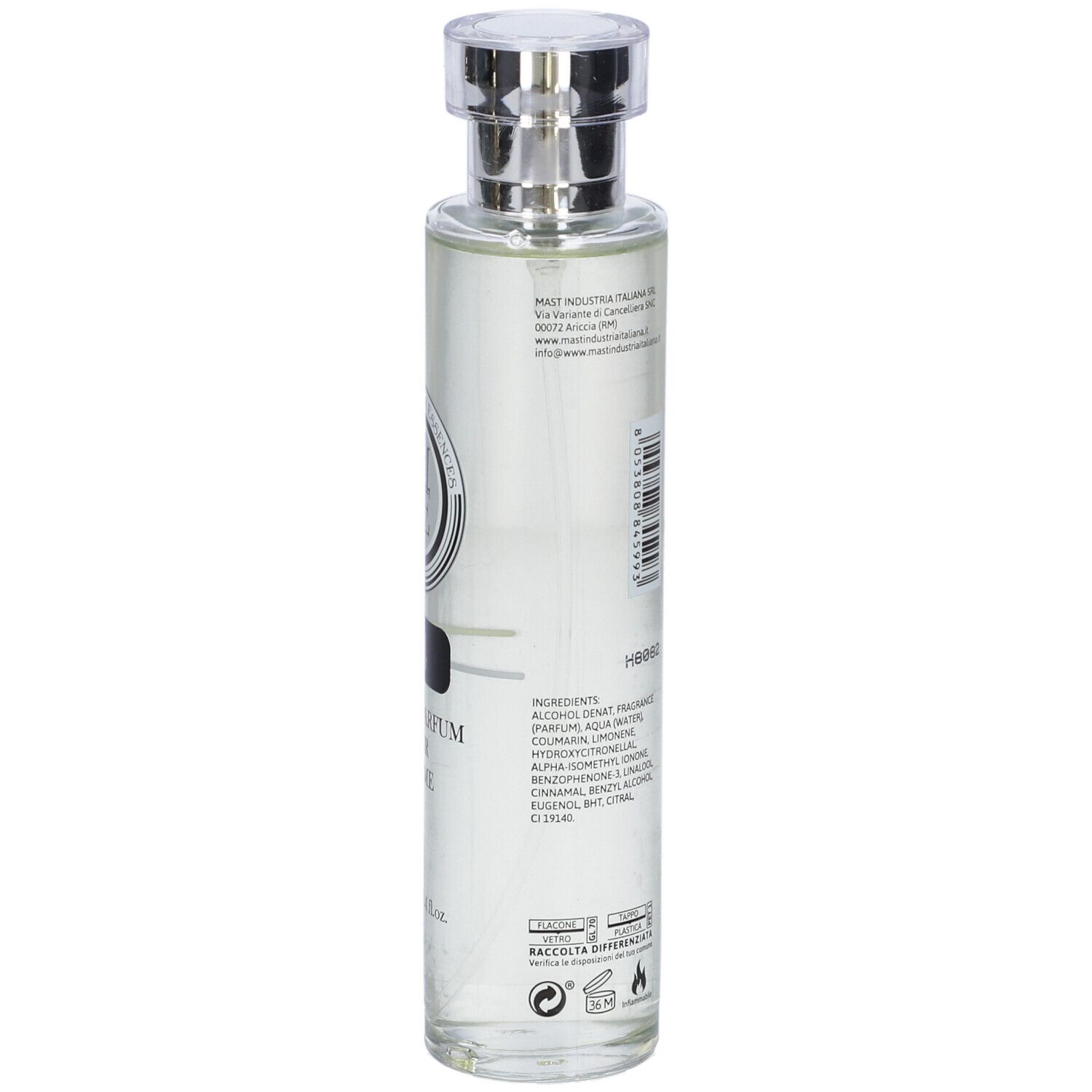 Flacone di profumo con tappo argentato. Retro con testo e codice a barre.