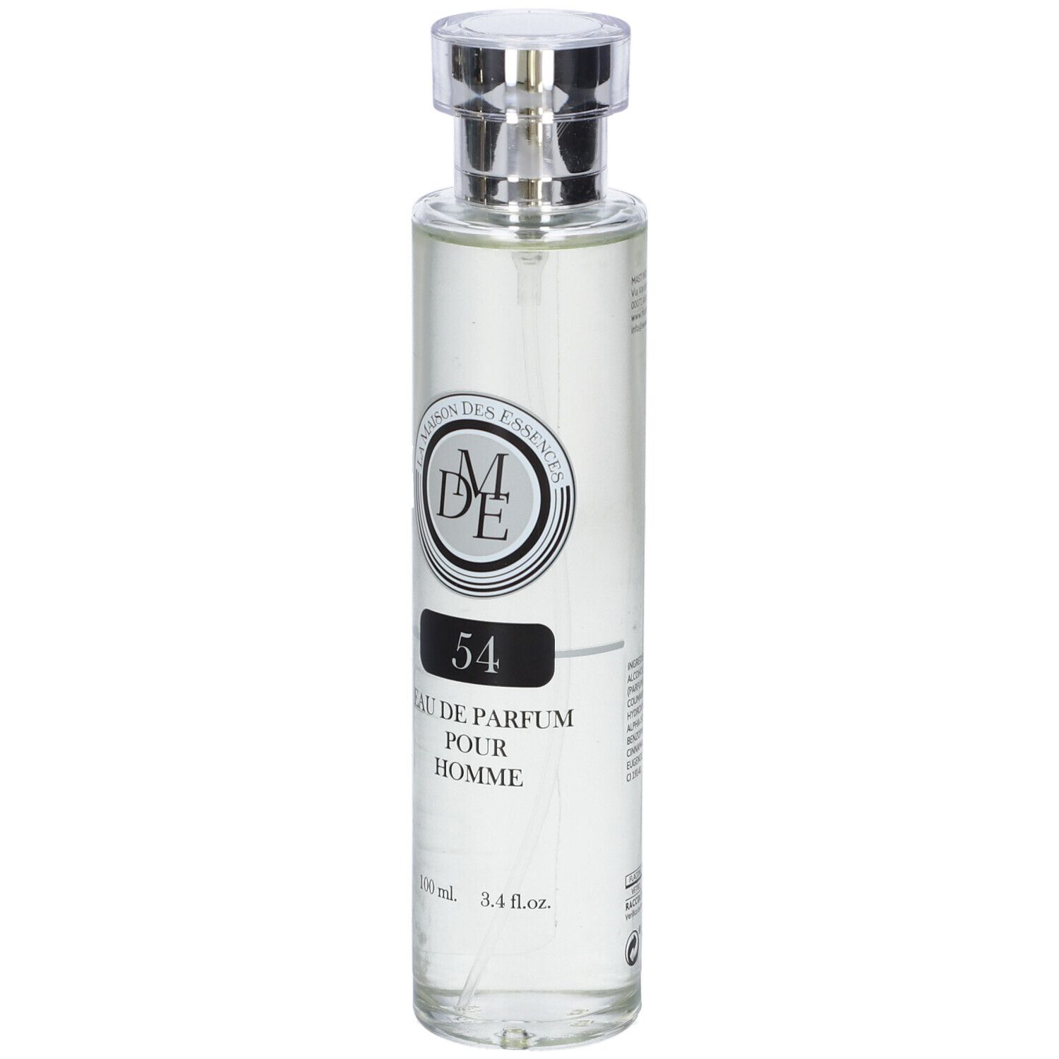 Flacone di profumo con tappo argentato. Retro con testo e codice a barre.