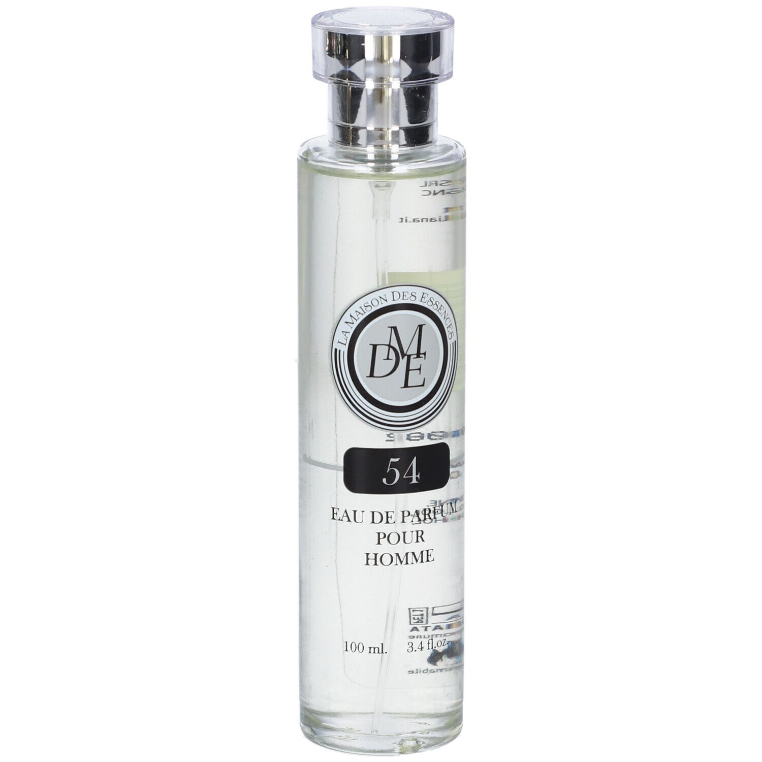 Flacone di profumo con tappo argentato. L'etichetta riporta "54" e "EAU DE PARFUM POUR HOMME".