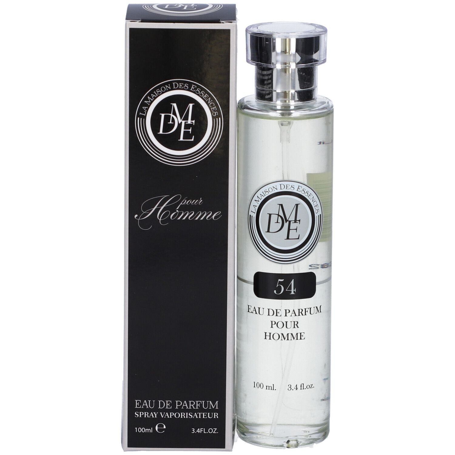 Flacone di profumo con tappo argentato. L'etichetta riporta "54" e "EAU DE PARFUM POUR HOMME".