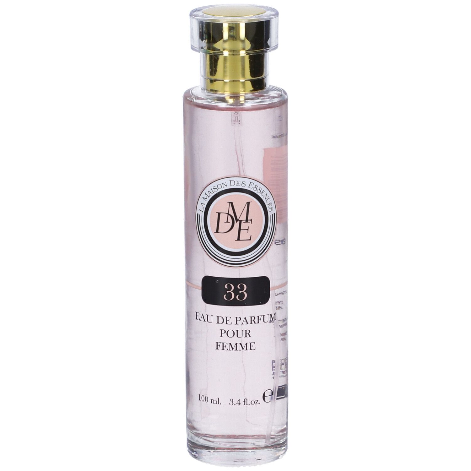 Flacone cilindrico con liquido rosa. Tappo dorato. Etichetta: La Maison Des Essences, 33 Eau de Parfum pour Femme.