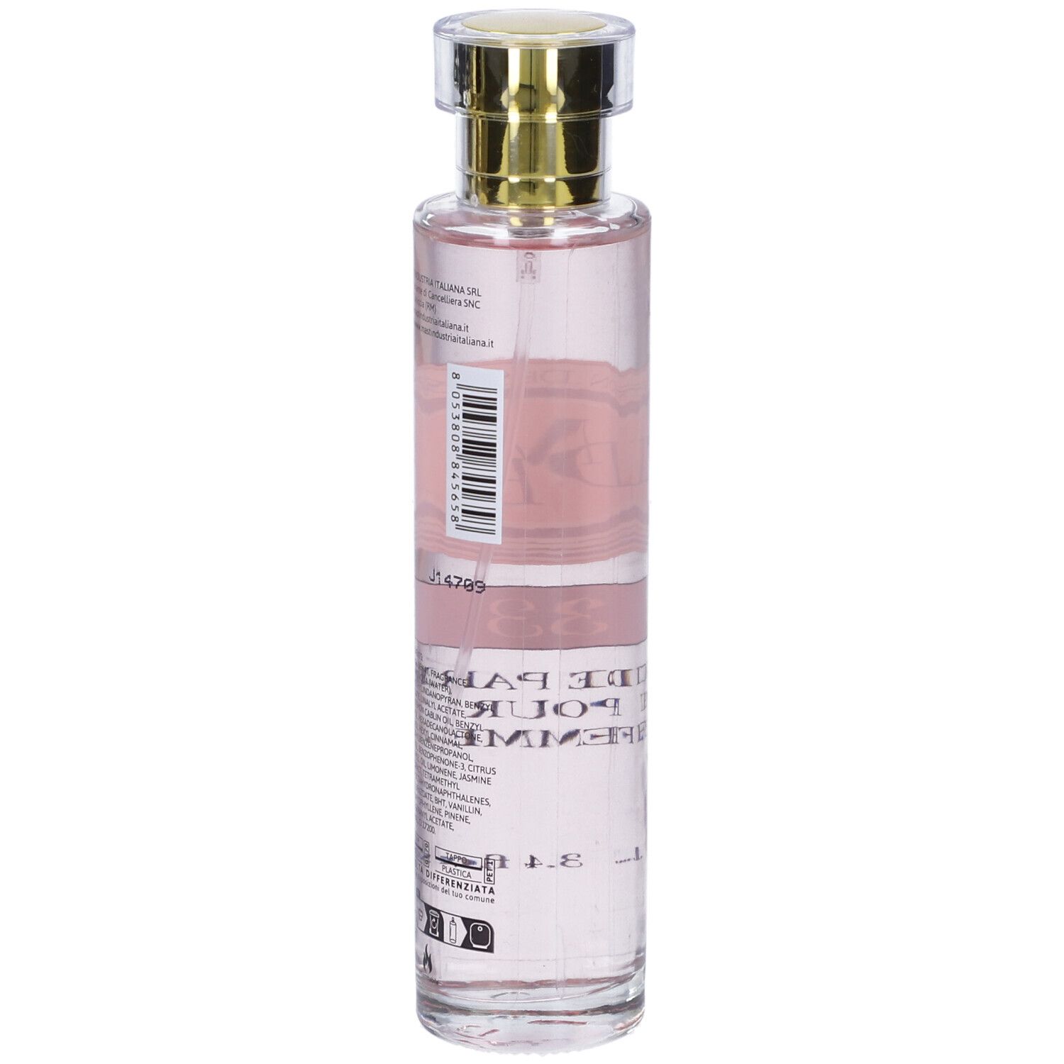 Flacone cilindrico con liquido rosa. Tappo dorato. Etichetta: La Maison Des Essences, 33 Eau de Parfum pour Femme.
