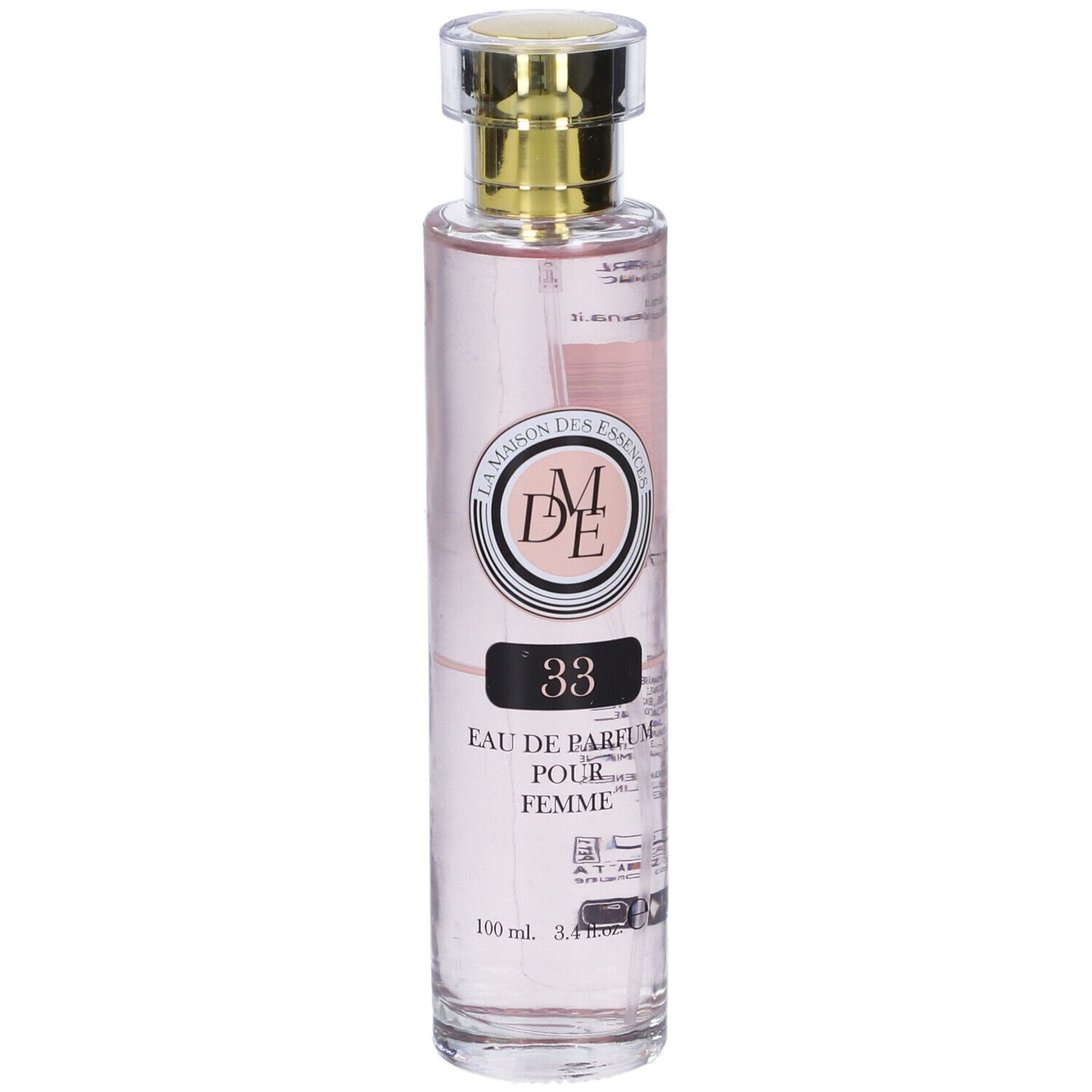 Flacone cilindrico con liquido rosa. Tappo dorato. Etichetta: La Maison Des Essences, 33 Eau de Parfum pour Femme.
