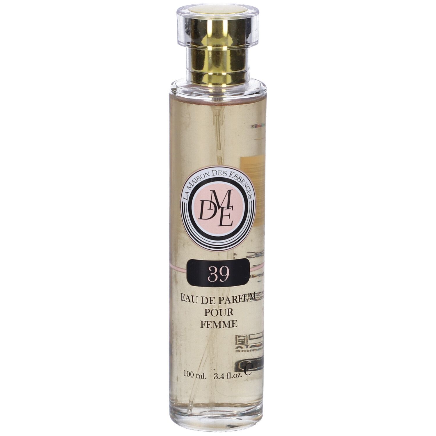 Flacone di profumo con tappo dorato. Scritta: 39, Eau de Parfum pour Femme. Marchio: La Maison des Essences.