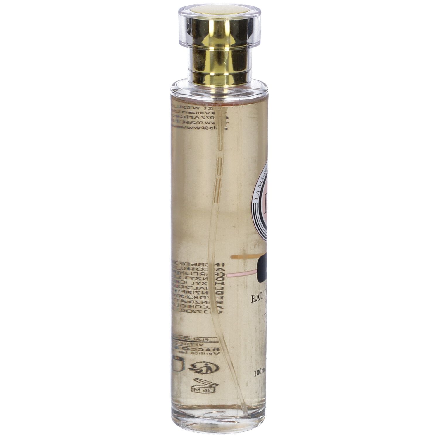Flacone di profumo con tappo dorato. Scritta: 39, Eau de Parfum pour Femme. Marchio: La Maison des Essences.