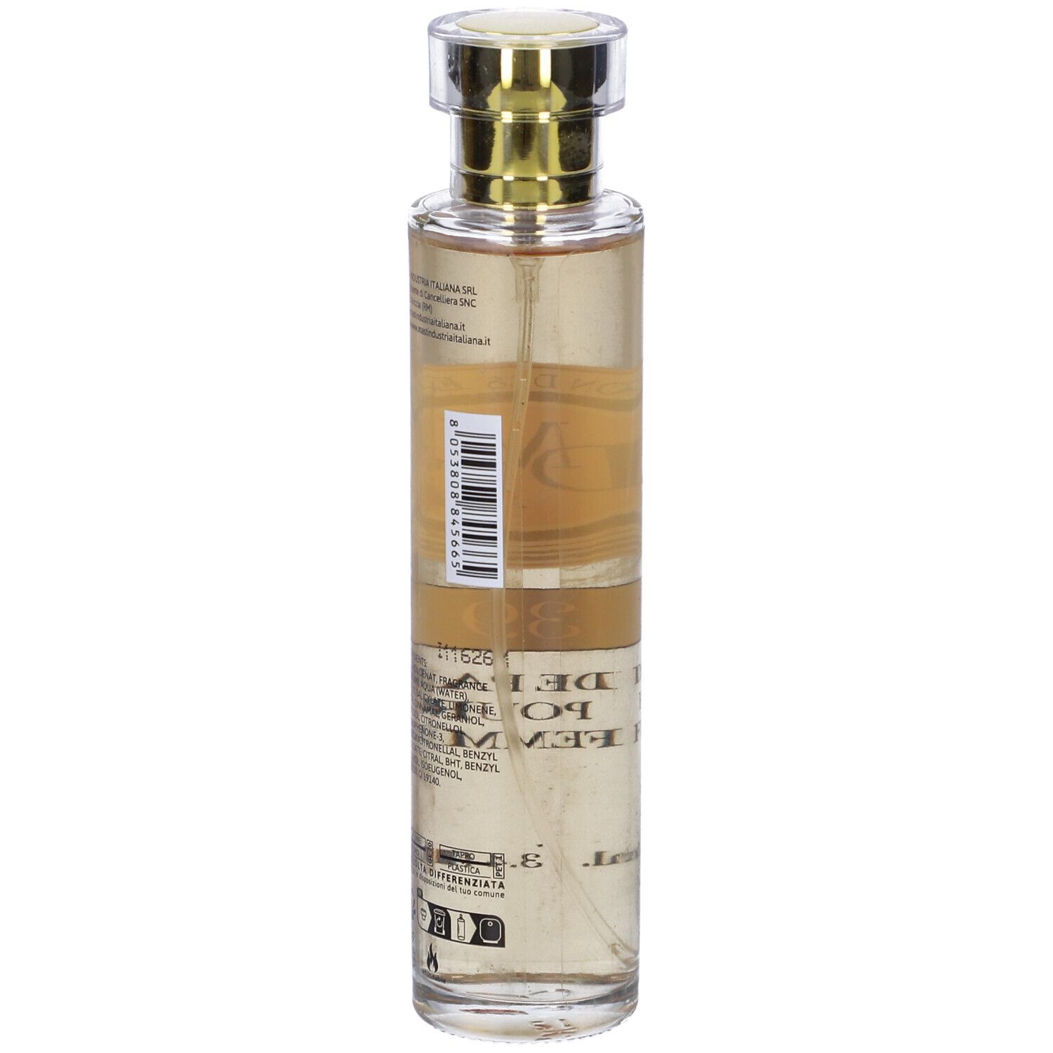 Flacone di profumo con tappo dorato. Scritta: 39, Eau de Parfum pour Femme. Marchio: La Maison des Essences.