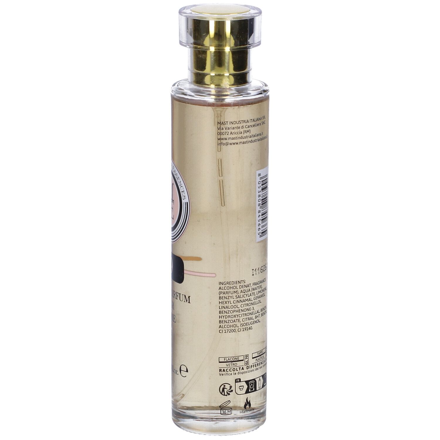 Flacone di profumo con tappo dorato. Scritta: 39, Eau de Parfum pour Femme. Marchio: La Maison des Essences.