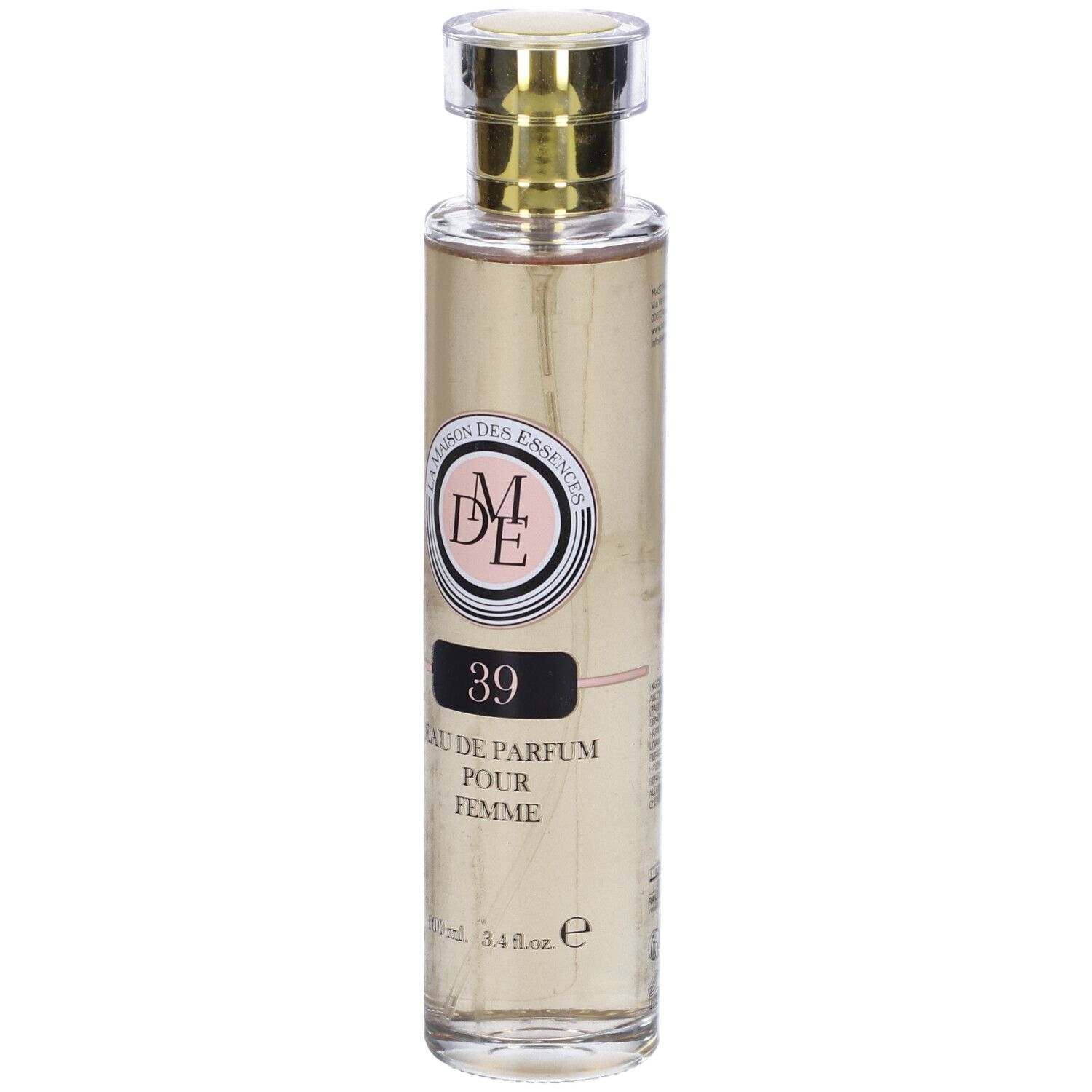 Flacone di profumo con tappo dorato. Scritta: 39, Eau de Parfum pour Femme. Marchio: La Maison des Essences.