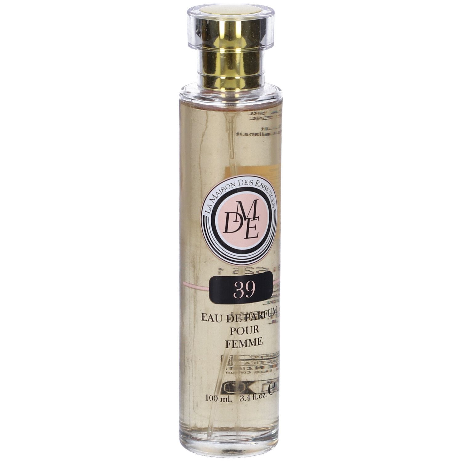 Flacone di profumo con tappo dorato. Scritta: 39, Eau de Parfum pour Femme. Marchio: La Maison des Essences.