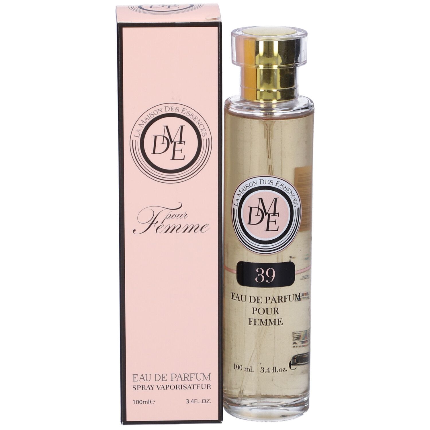 Flacone di profumo e confezione. Scritta: 39, Eau de Parfum pour Femme. Marchio: La Maison des Essences. Confezione rosa.