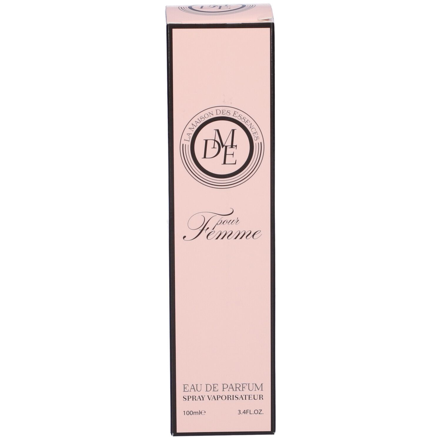 Confezione rosa. Scritta: Eau de Parfum pour Femme. Marchio: La Maison des Essences. Testo.