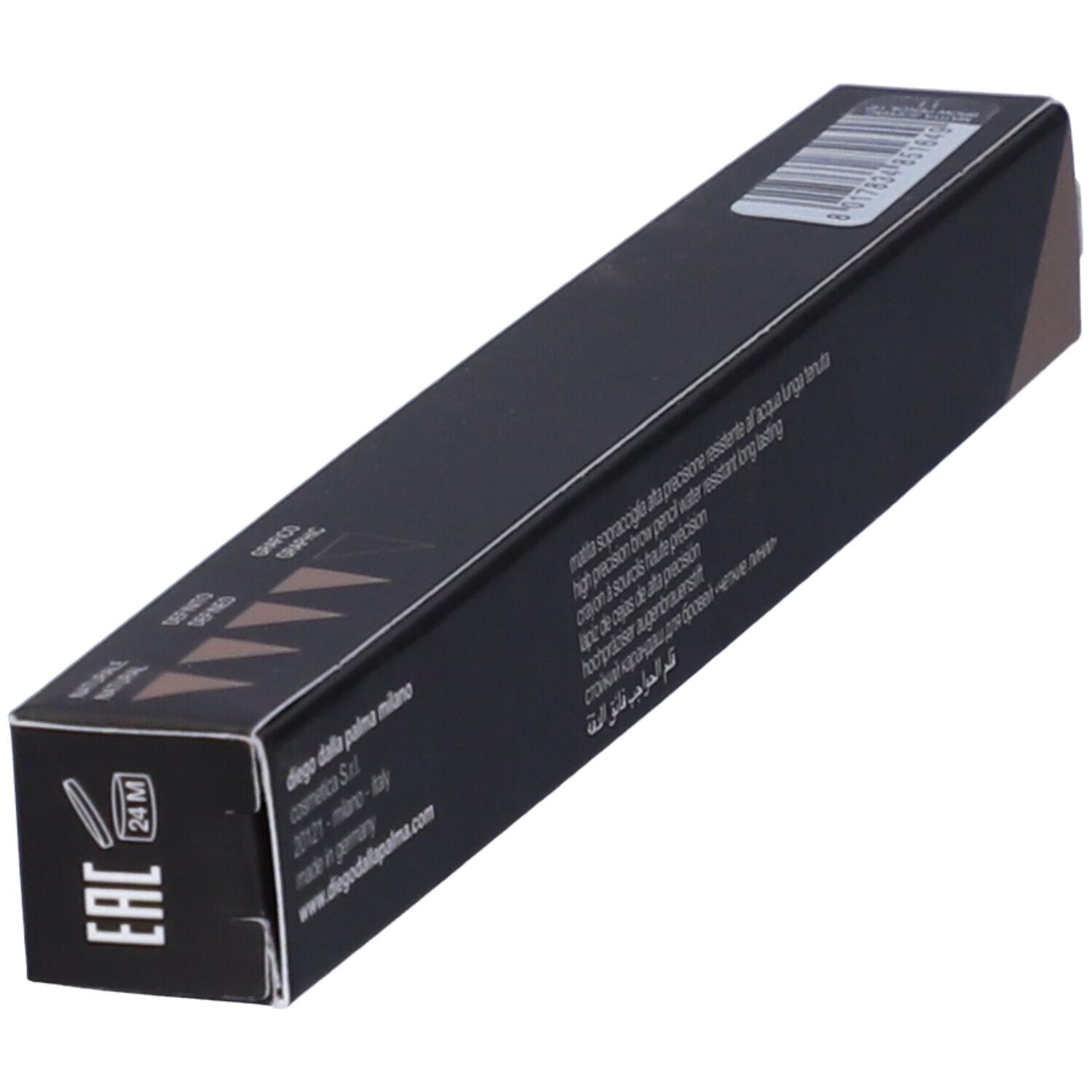 Confezione nera con informazioni sul prodotto. Scritta: Diego dalla Palma. Testo multilingue, ingredienti e produttore.