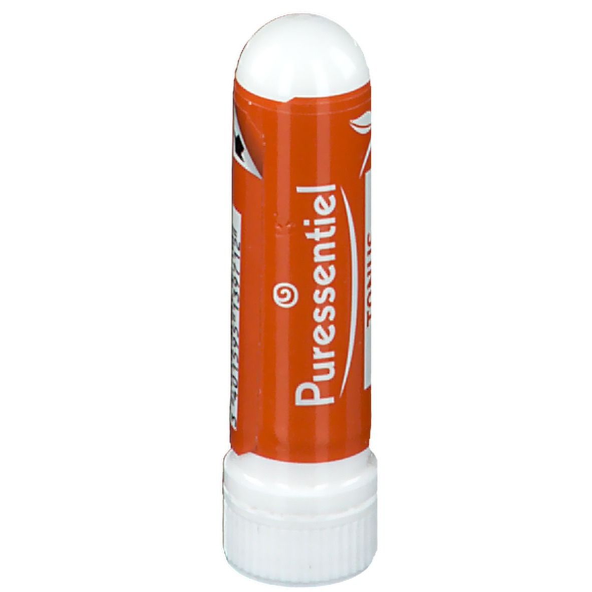 Inalatore con cappuccio bianco e corpo arancione. Scritta: Puressentiel, Tonus.