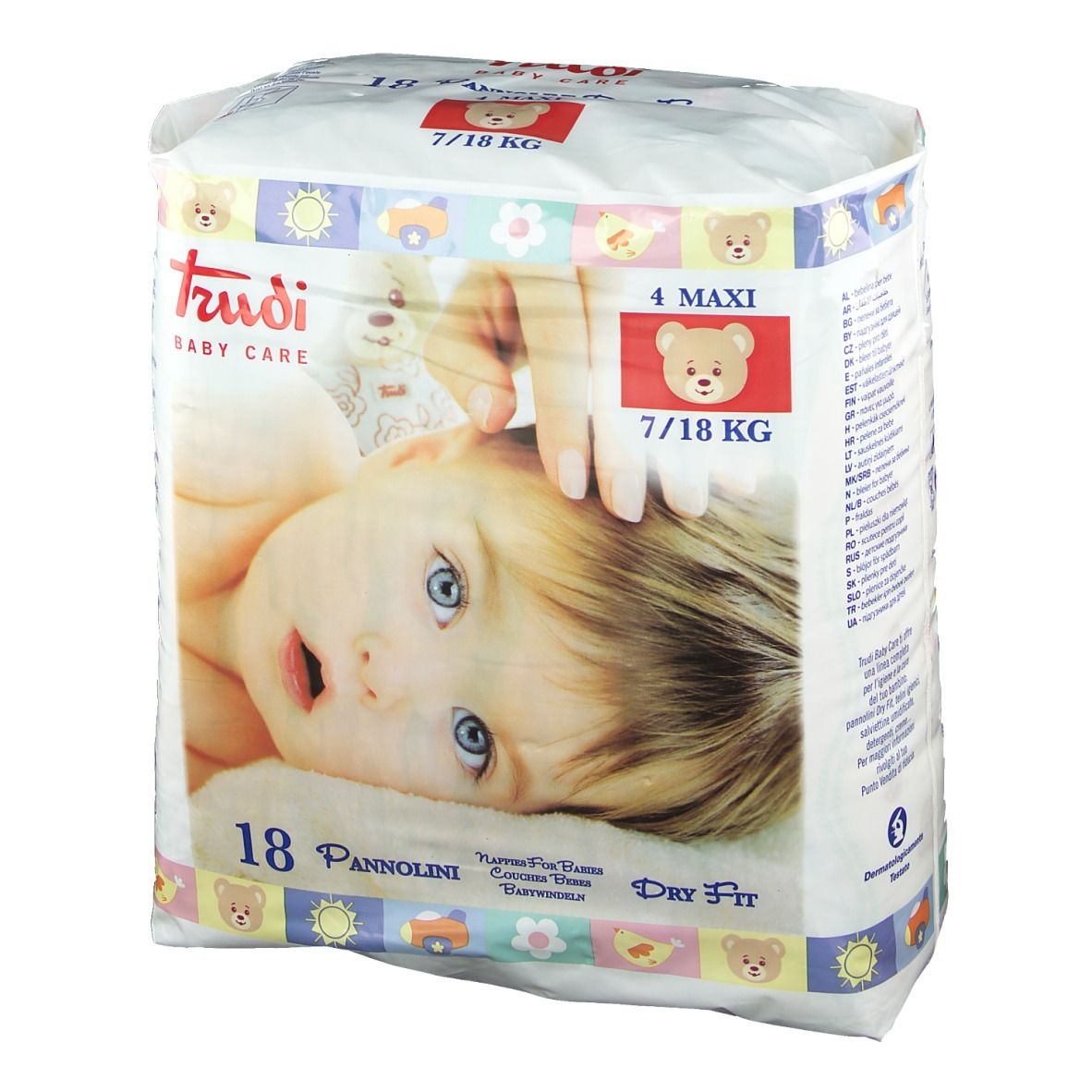 Confezione pannolini Trudi Baby Care Dry Fit 4 Maxi. Immagine: bambino, orsetto, 7/18 kg, 18 pezzi. Scritta: Dry Fit.