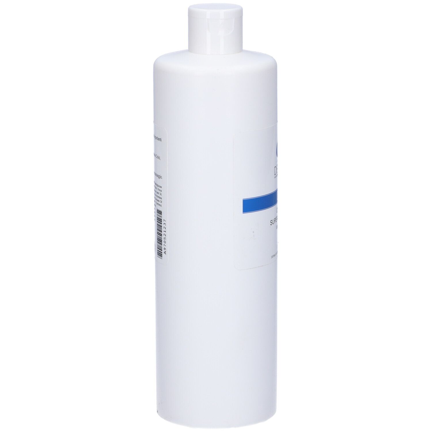 Flacone bianco con etichetta e codice a barre. Testo in italiano. Tappo in alto.