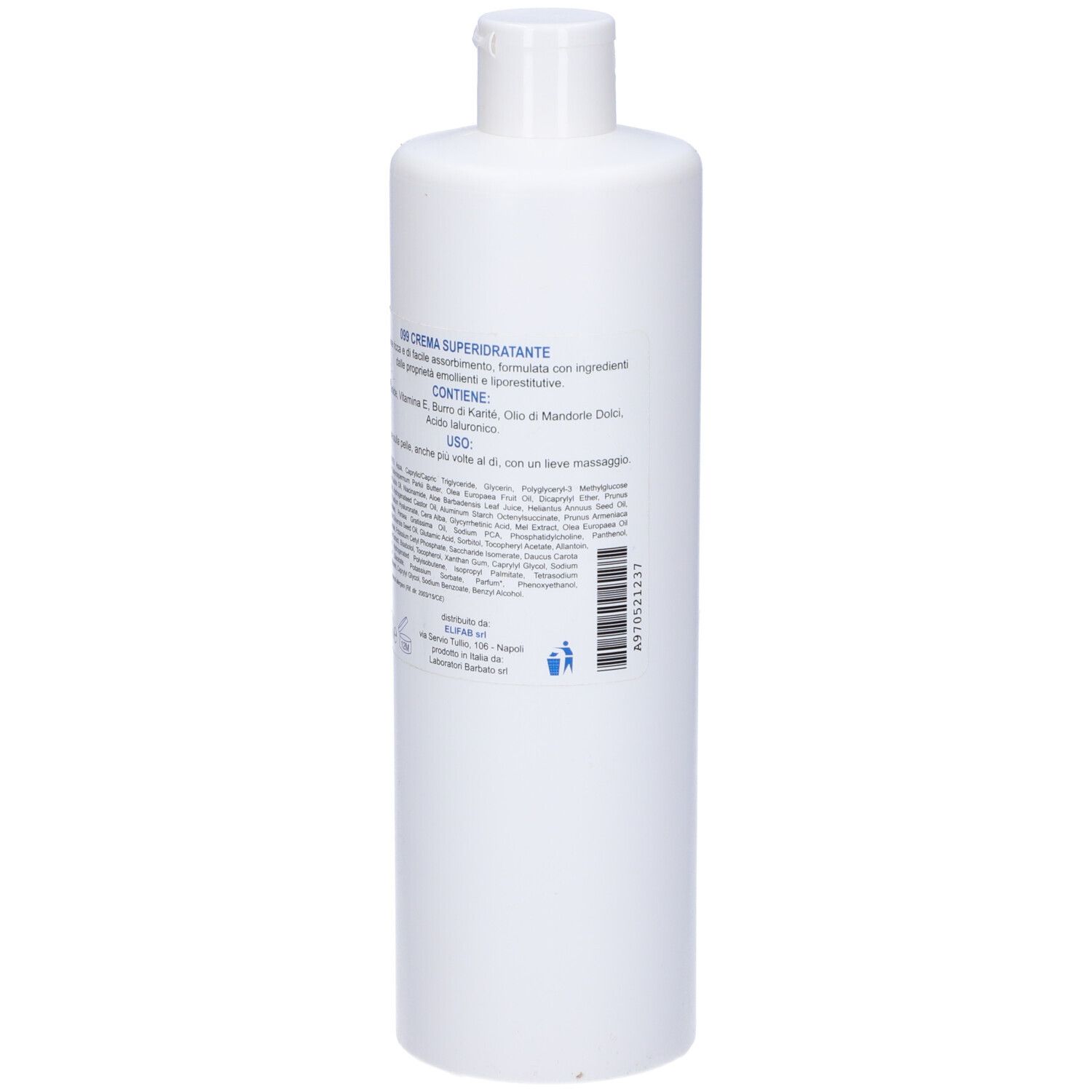 Flacone bianco con etichetta e testo in italiano. Tappo in alto.