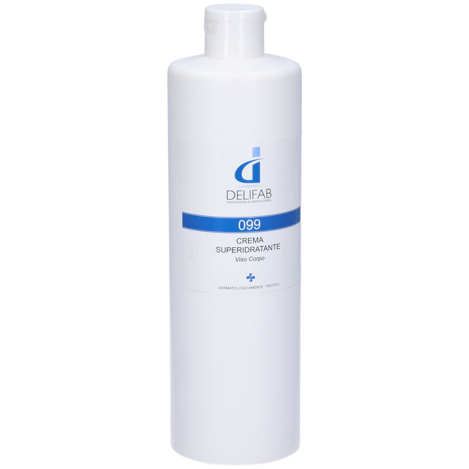 Flacone bianco con fascia blu e scritta DELIFAB 099 CREMA SUPERIDRATANTE. Tappo in alto.