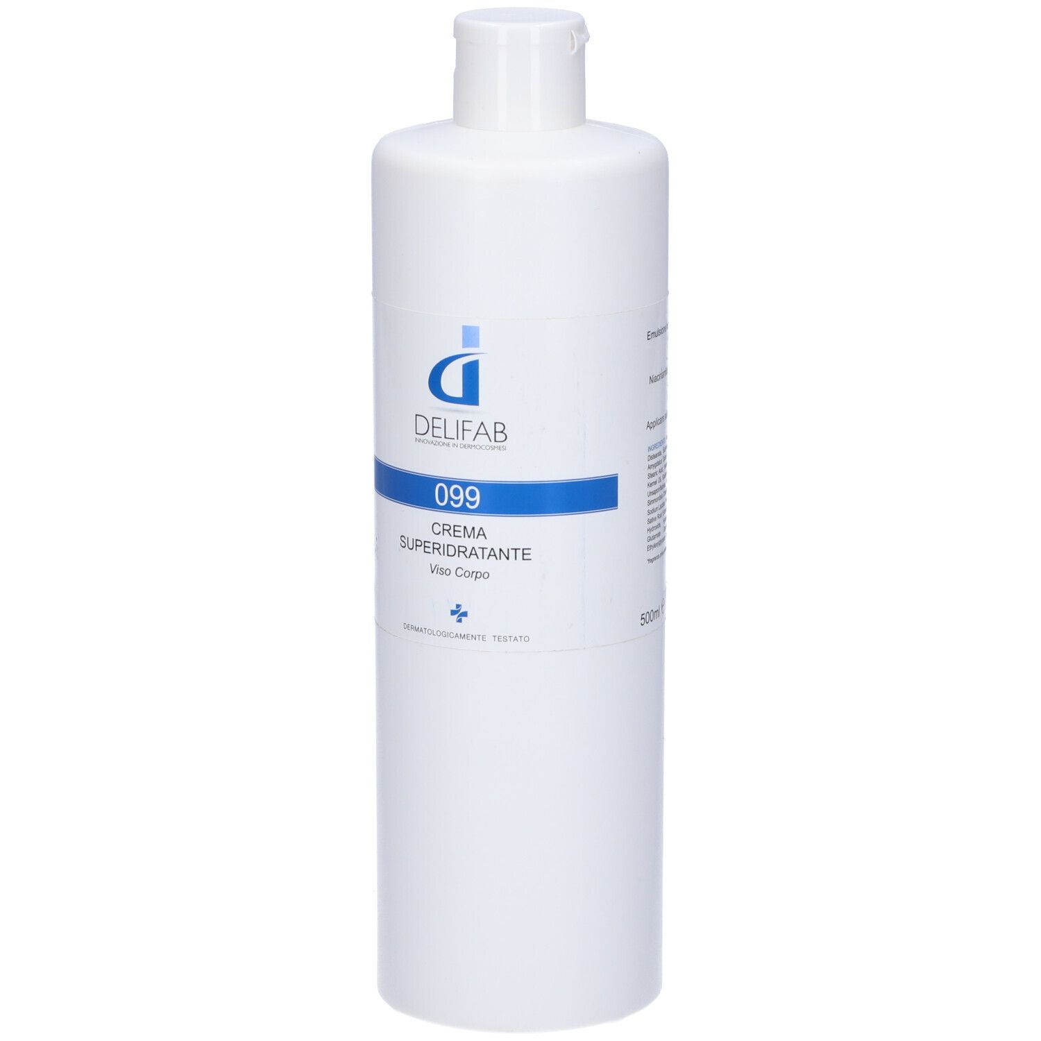Flacone bianco con fascia blu e scritta DELIFAB 099 CREMA SUPERIDRATANTE. Tappo in alto.