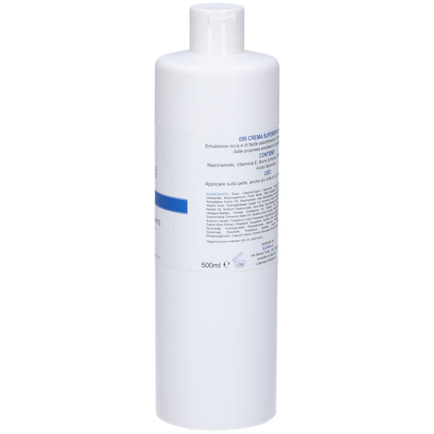 Flacone bianco con etichetta e testo in italiano. Tappo in alto. 500ml.
