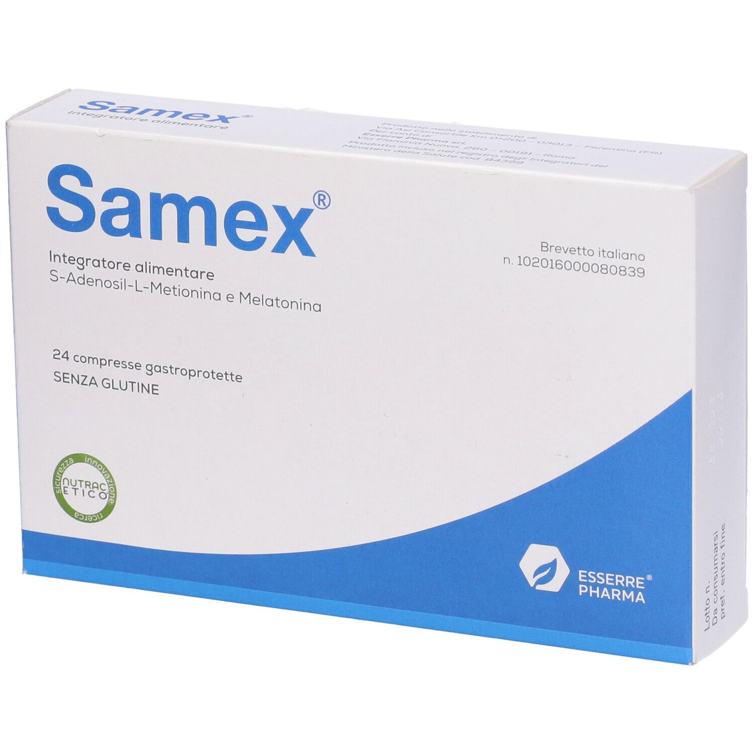 Confezione Samex. Scatola bianca con design blu. Contiene nome, ingredienti e 24 compresse.
