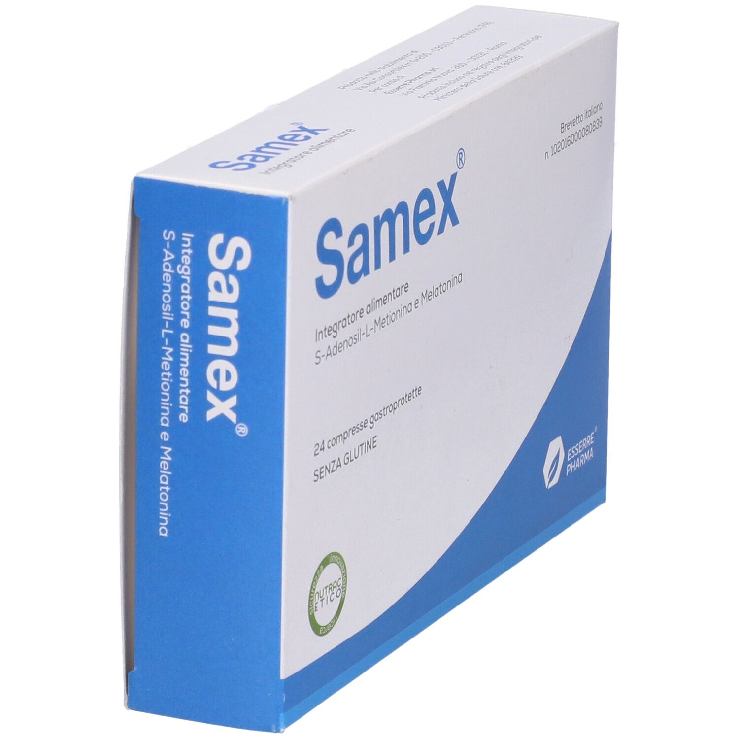 Confezione Samex. Scatola bianca con design blu. Contiene nome, ingredienti e 24 compresse.