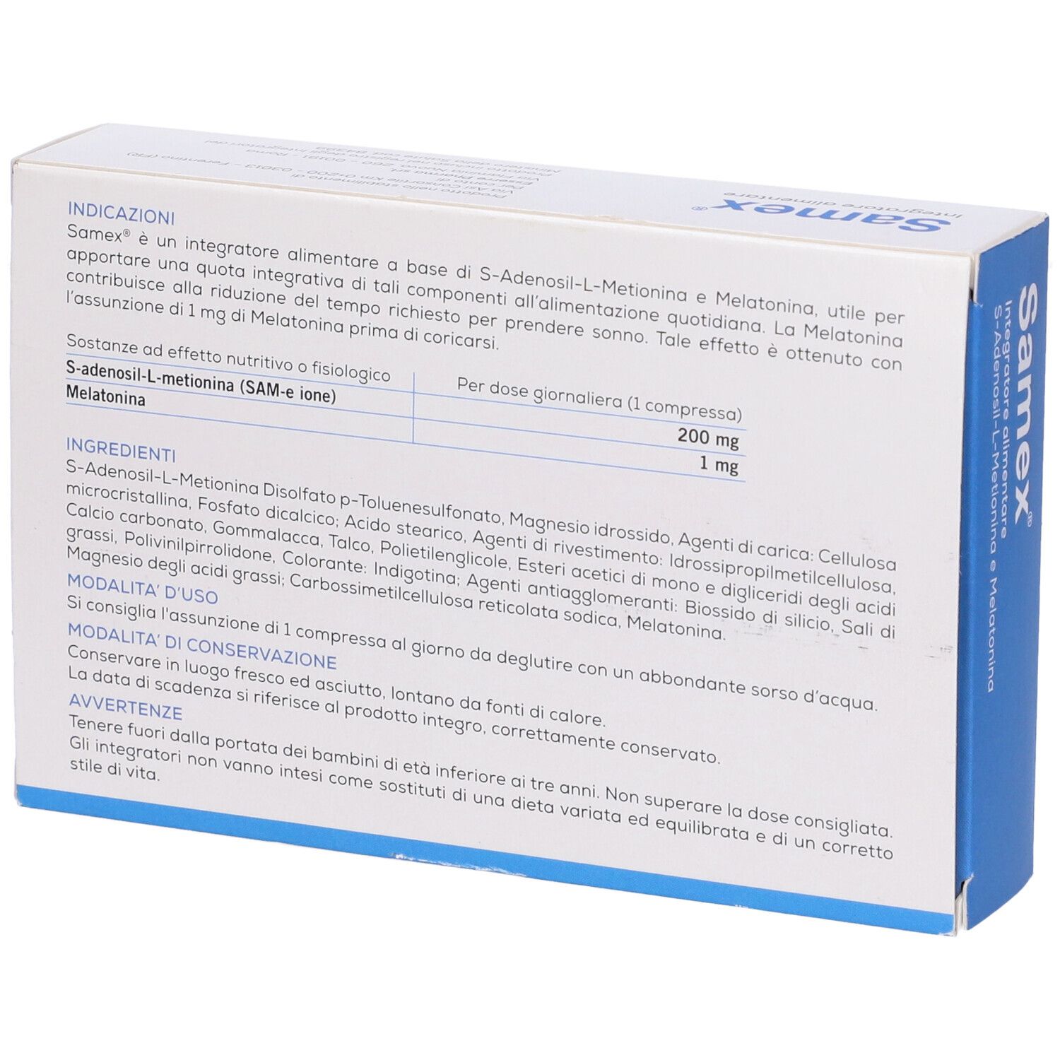 Retro della confezione Samex. Contiene ingredienti, dosaggio e avvertenze. Bianco con design blu.