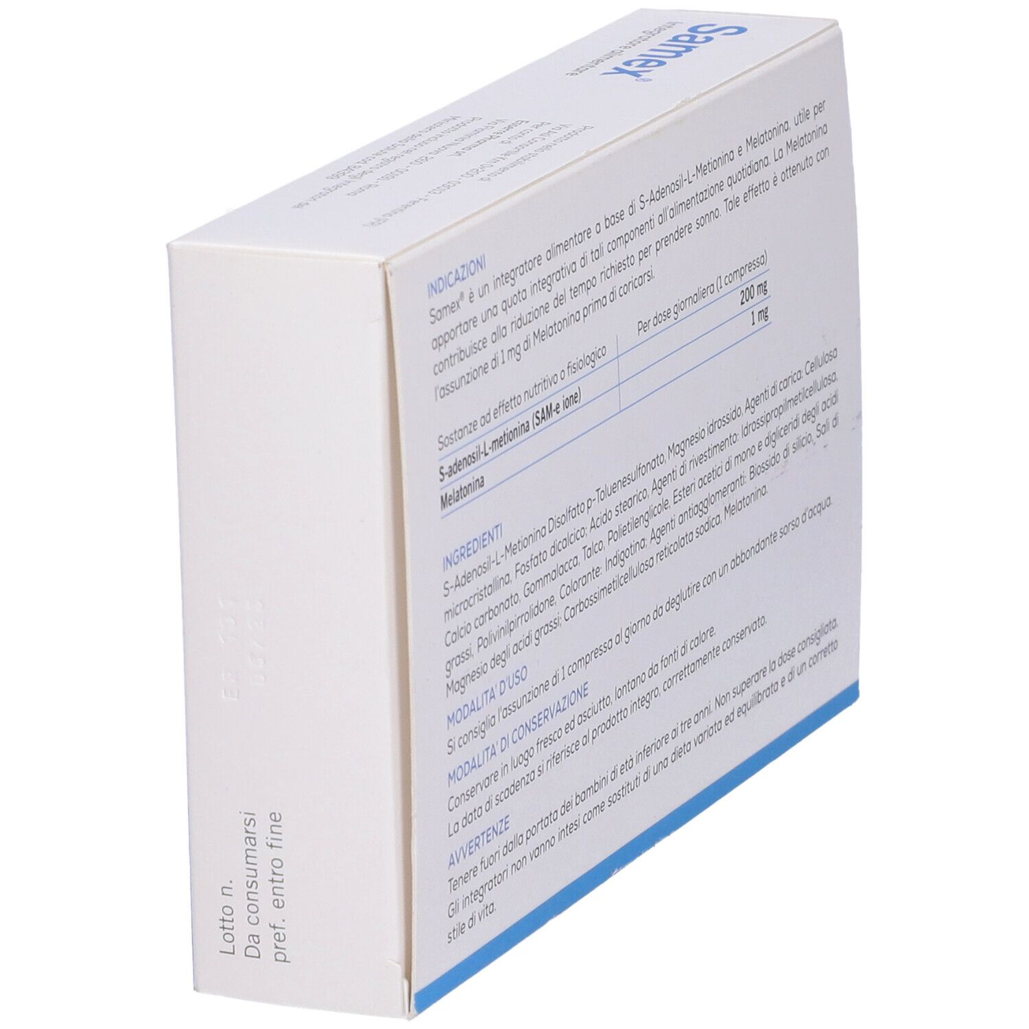 Retro della confezione Samex. Contiene ingredienti, dosaggio e avvertenze. Bianco con design blu.