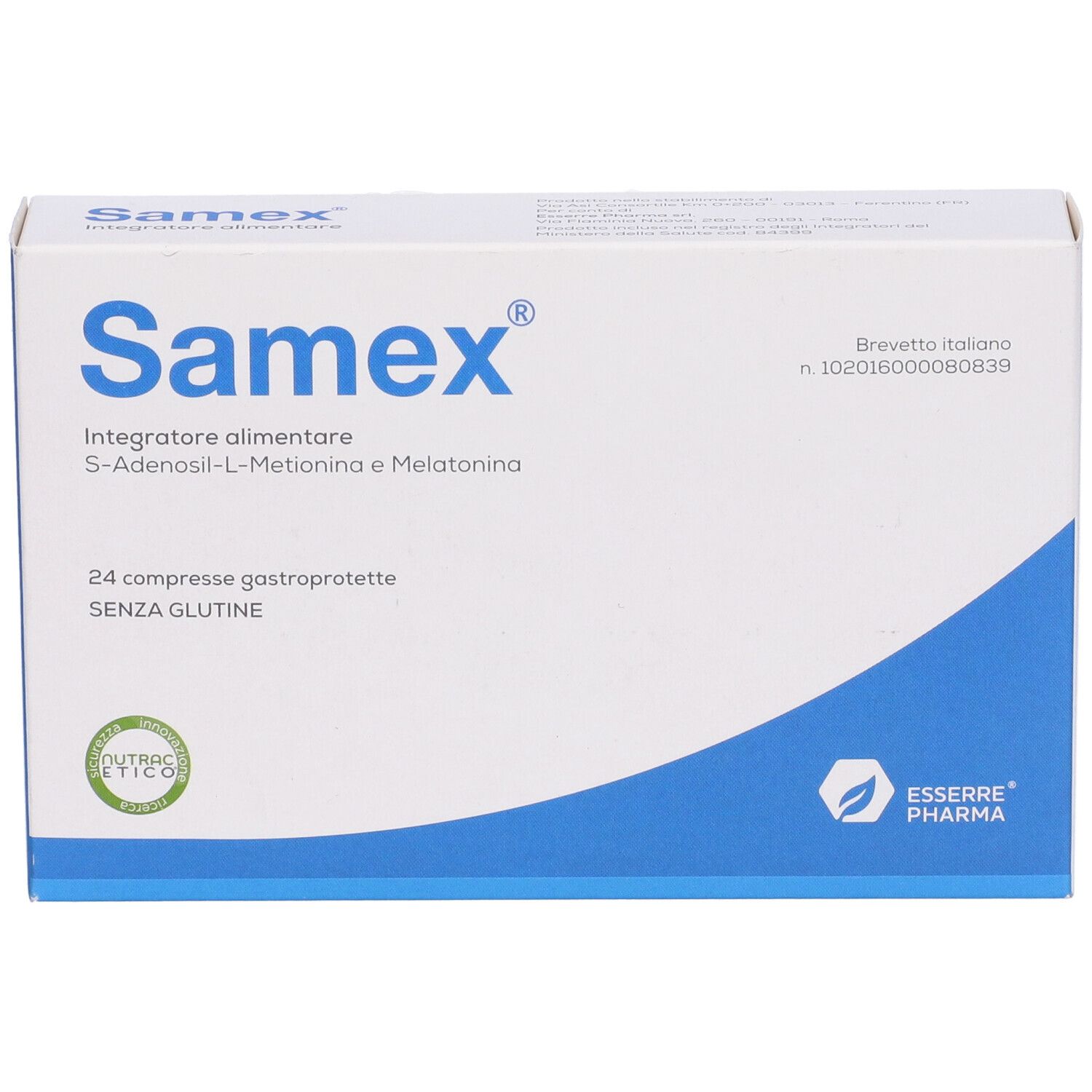 Confezione Samex. Scatola bianca con design blu. Contiene nome, ingredienti e 24 compresse.