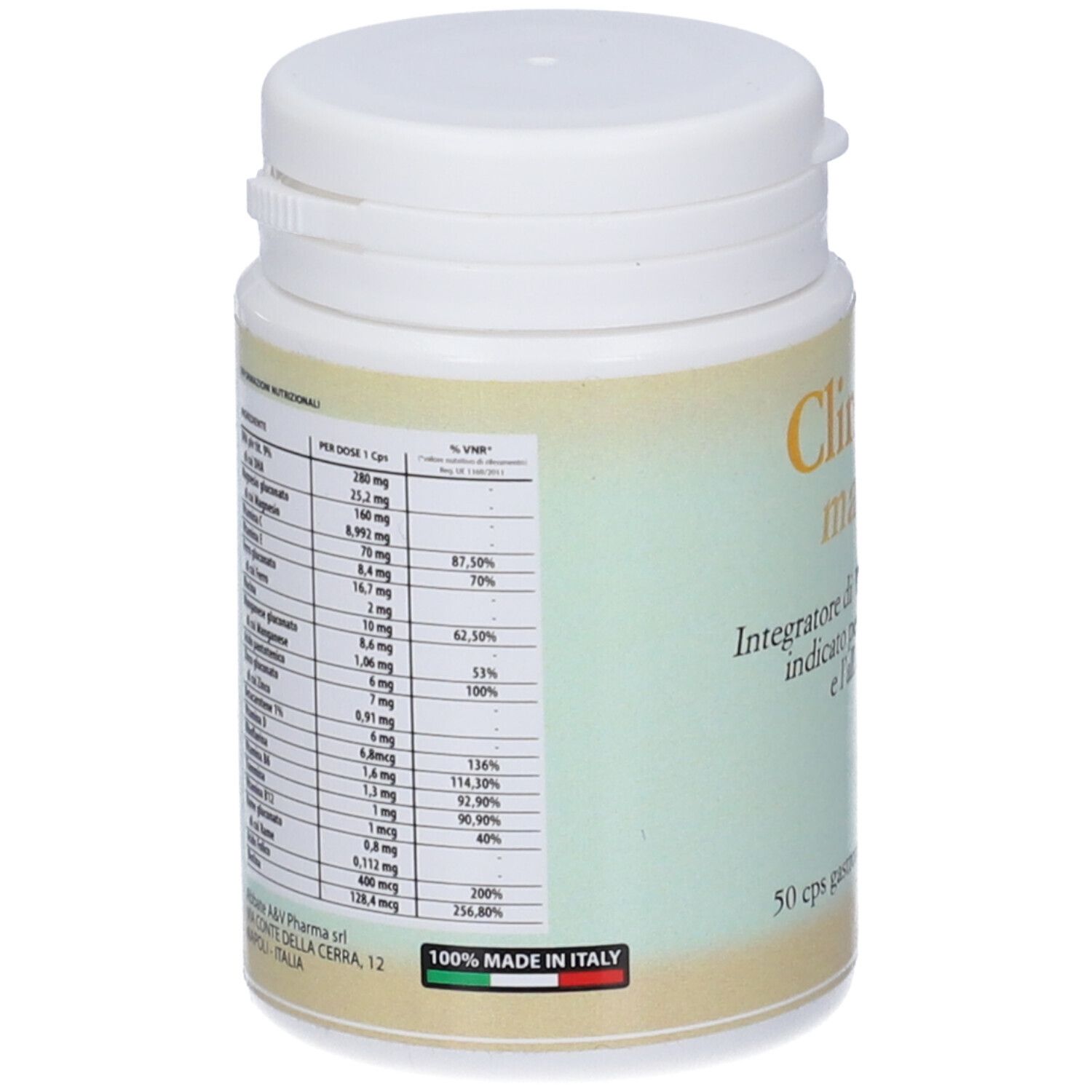 Flacone bianco. Scritta: Clinderm mamma. Informazioni nutrizionali sul lato. Prodotto in Italia.