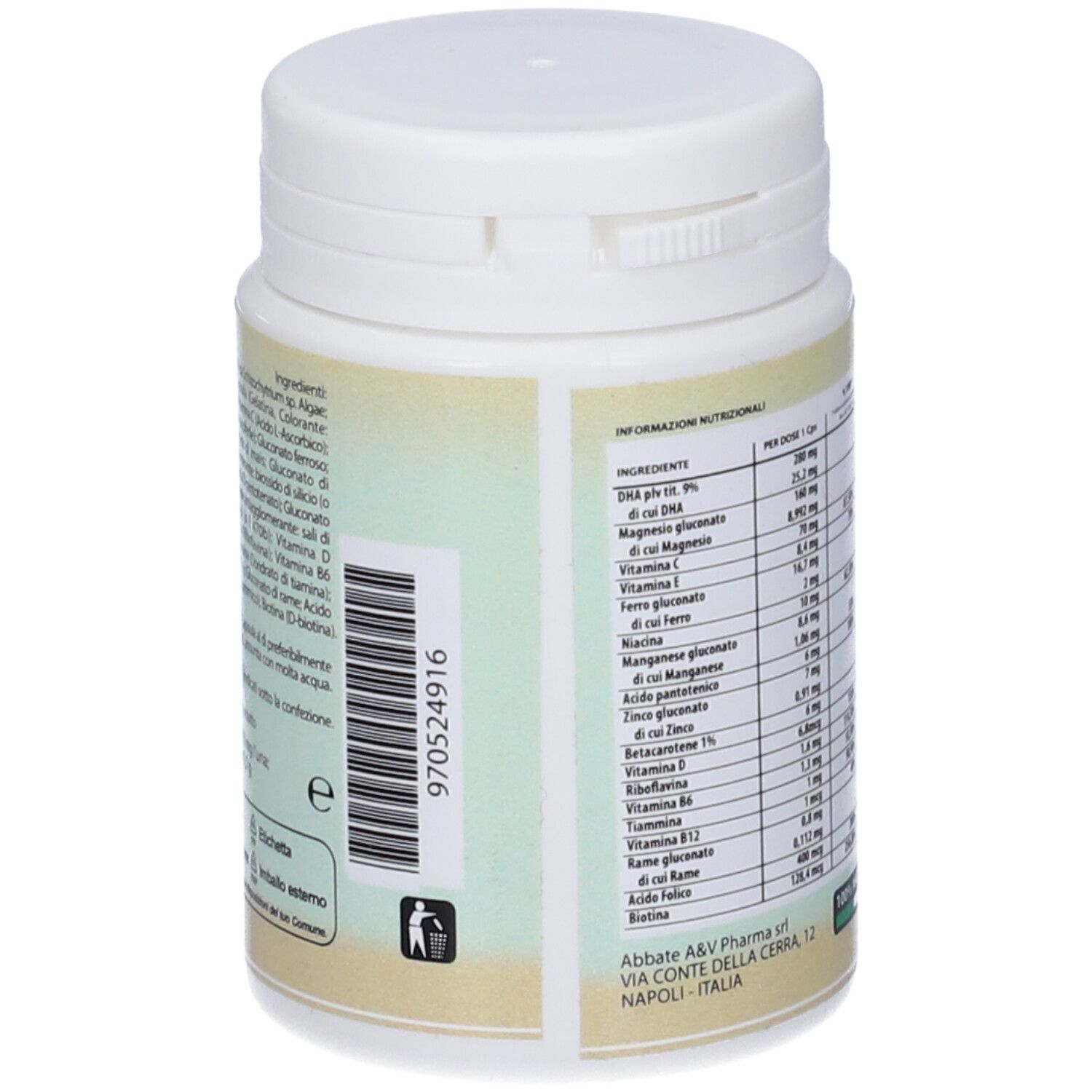 Flacone bianco. Scritta: Clinderm mamma. Elenco ingredienti e codice a barre sul lato.
