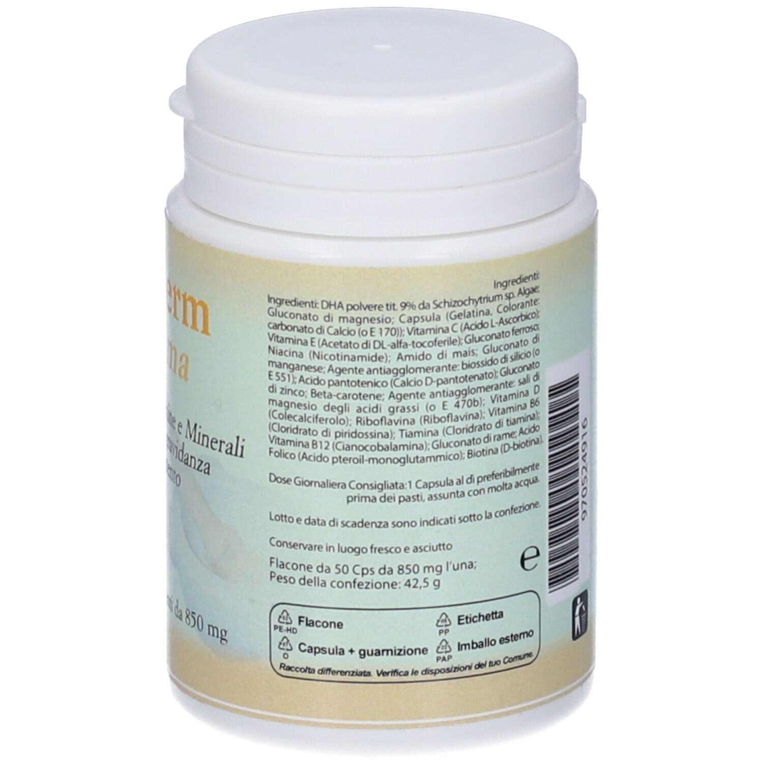 Flacone bianco. Scritta: Clinderm mamma. Elenco ingredienti e istruzioni per il dosaggio.