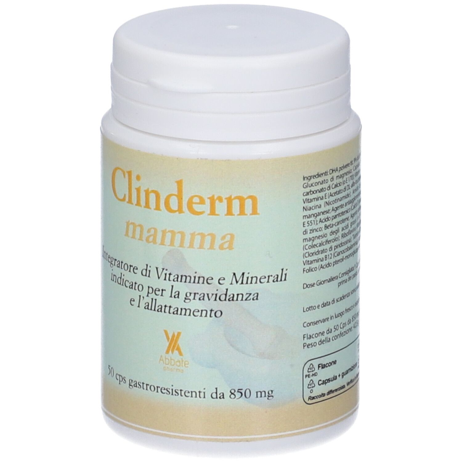 Flacone bianco con capsule. Scritta: Clinderm mamma, 50 cps gastroresistenti. Per gravidanza e allattamento.