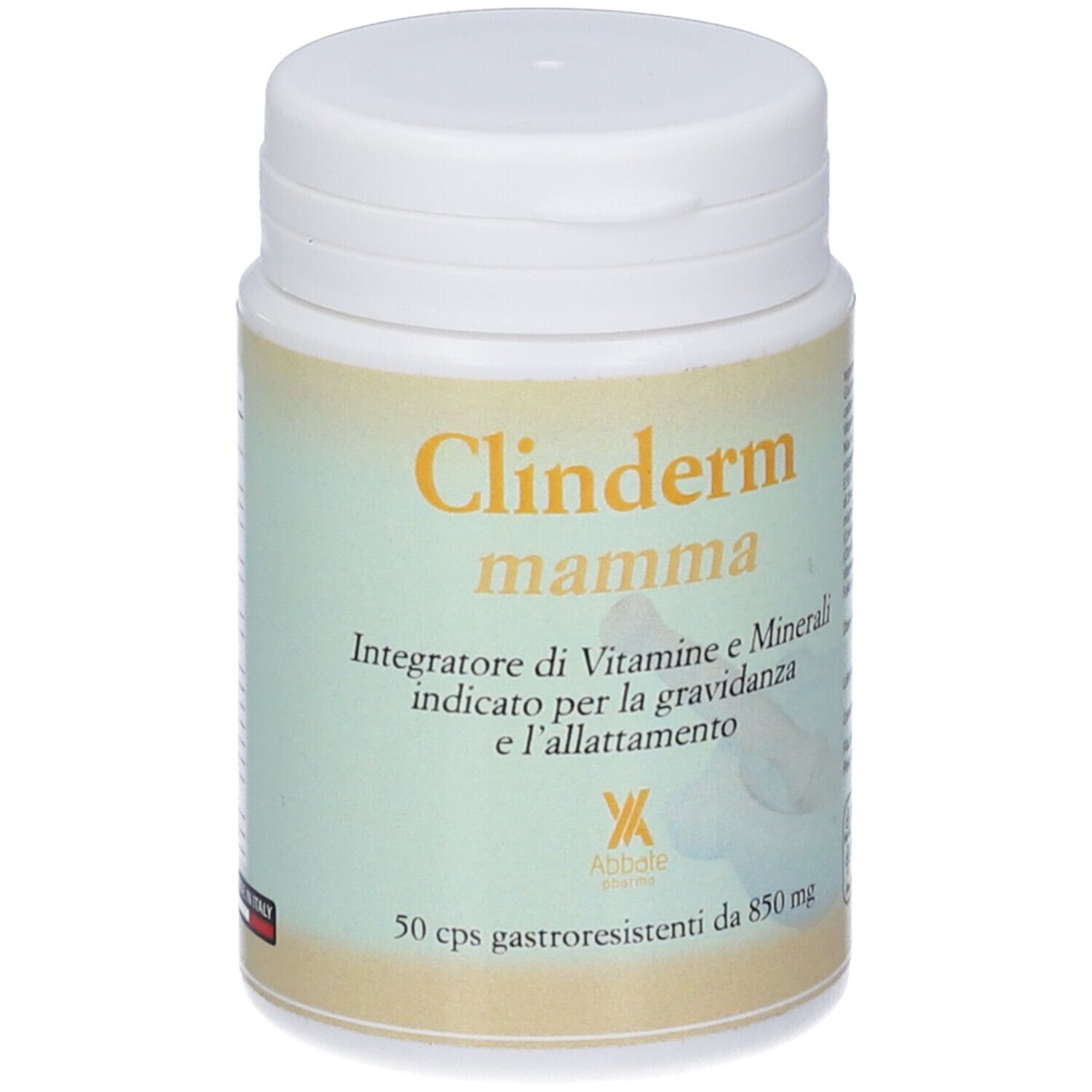 Flacone bianco con capsule. Scritta: Clinderm mamma, 50 cps gastroresistenti. Per gravidanza e allattamento.