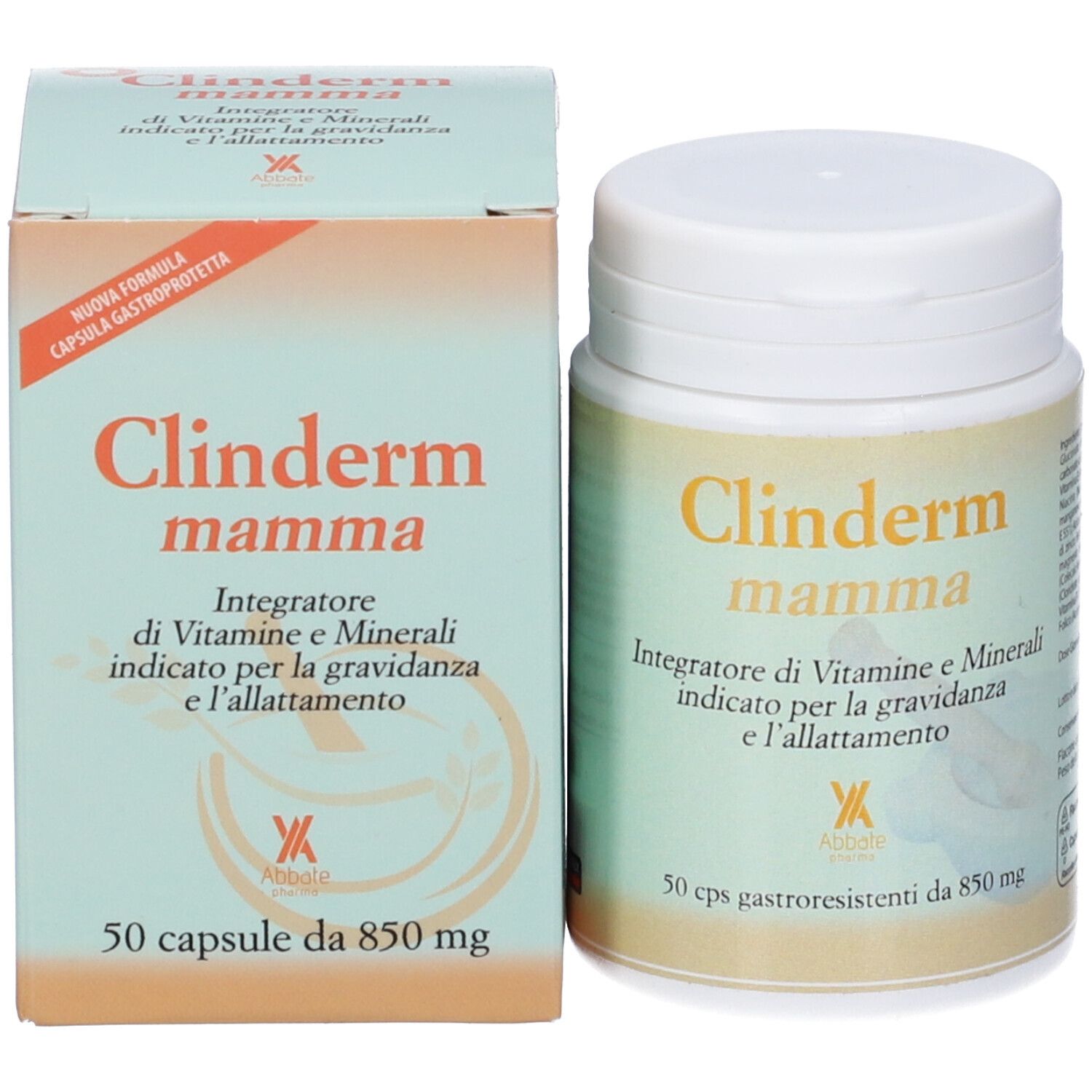 Confezione del prodotto con flacone e scatola. Scritta: Clinderm mamma, 50 capsule. Per gravidanza e allattamento.