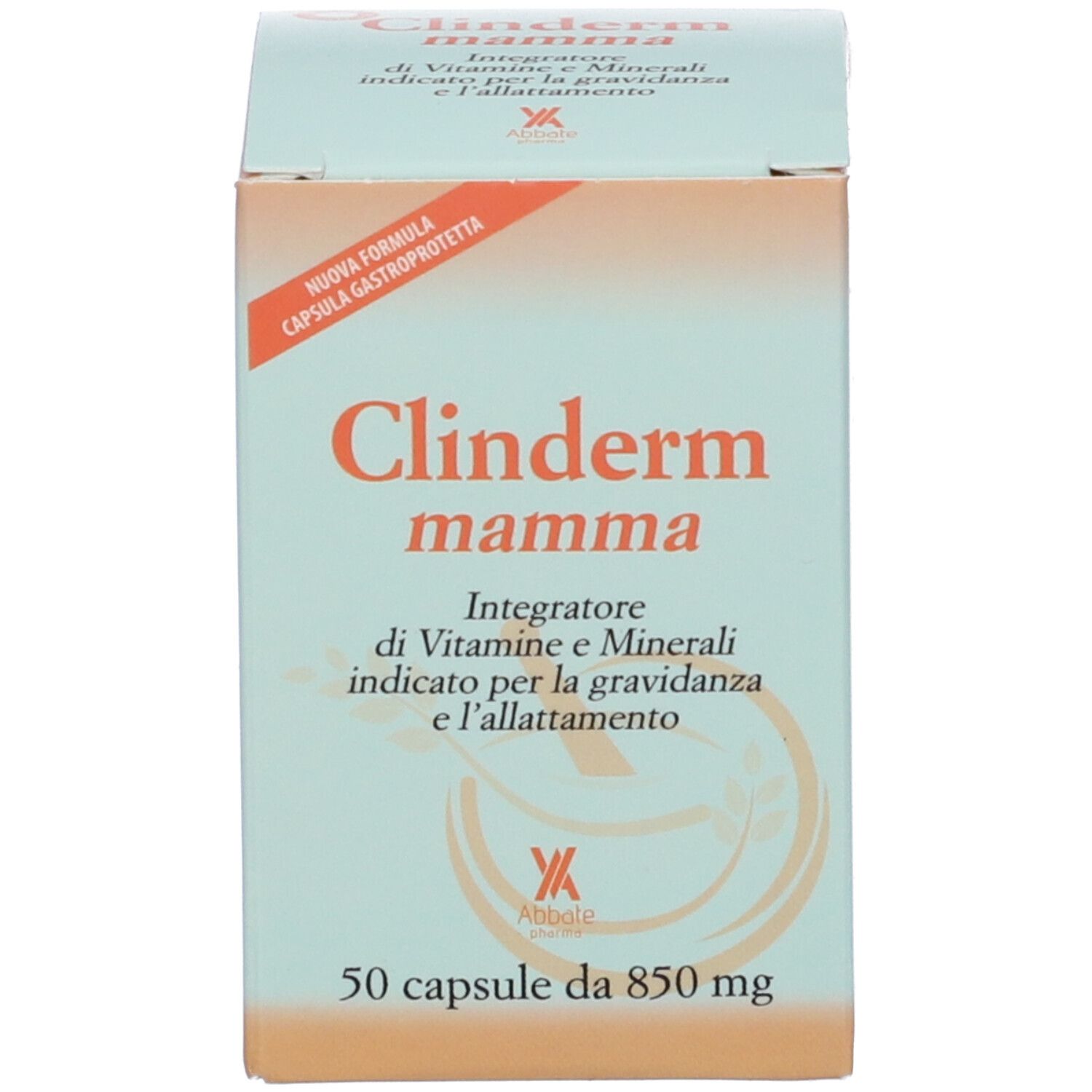 Confezione del prodotto. Scritta: Clinderm mamma, 50 capsule. Per gravidanza e allattamento. Nuova formula.