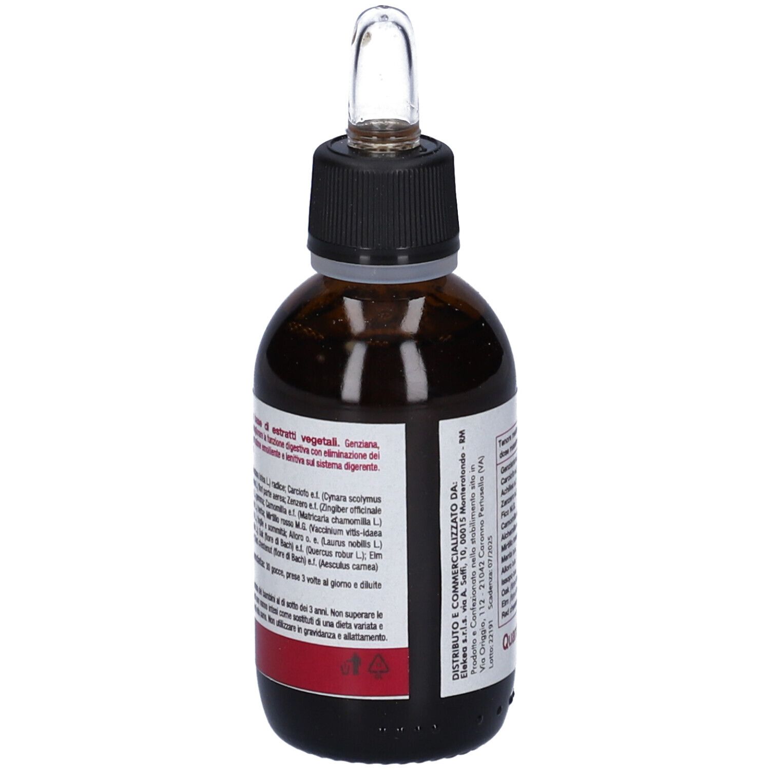 Flacone di vetro marrone con tappo nero e contagocce. Etichetta con ingredienti e avvertenze.