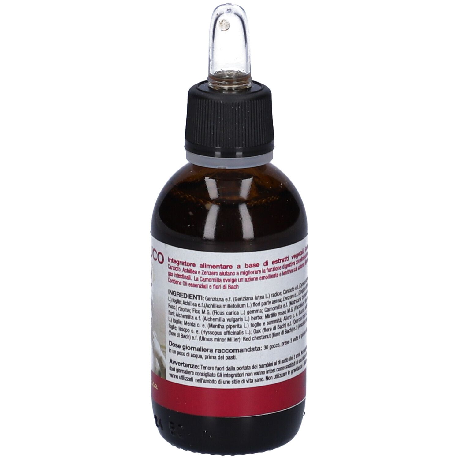 Flacone di vetro marrone con tappo nero e contagocce. Etichetta con ingredienti e dosaggio raccomandato.