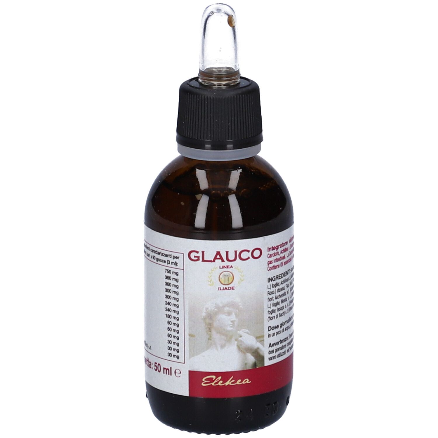 Flacone di vetro marrone con tappo nero e contagocce. Etichetta con nome prodotto Glauco e immagine.