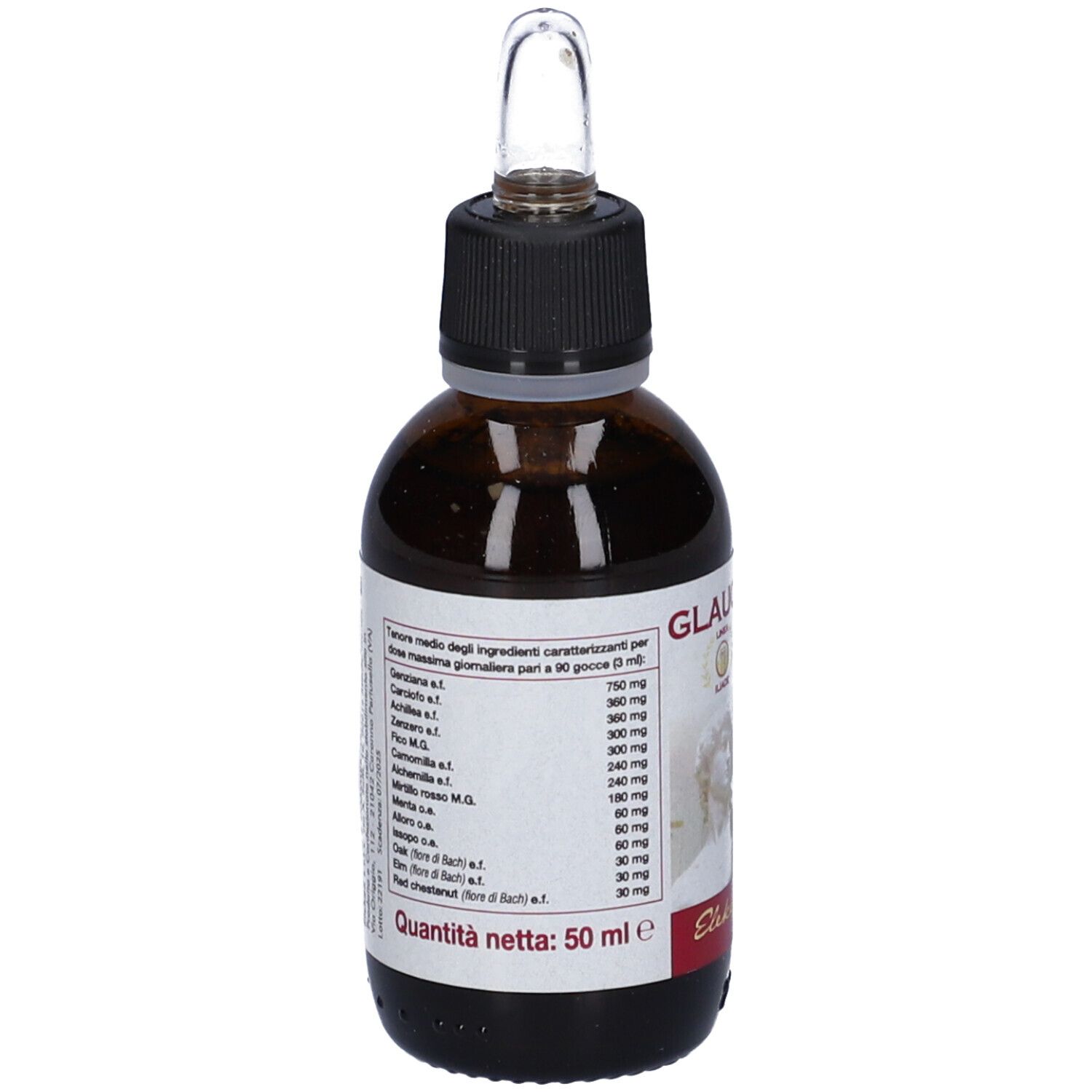 Flacone di vetro marrone con tappo nero e contagocce. Etichetta con nome prodotto Glauco e ingredienti.