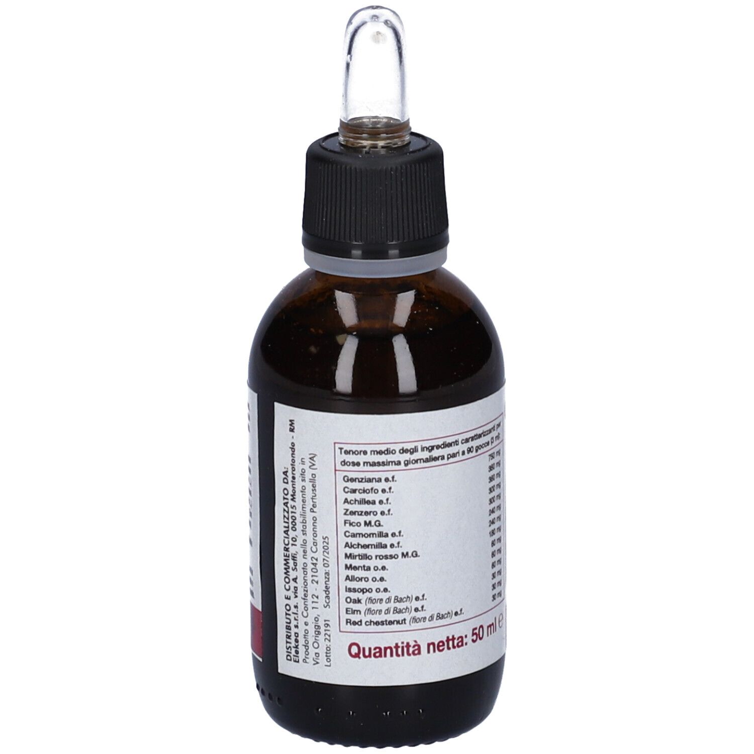 Flacone di vetro marrone con tappo nero e contagocce. Etichetta con ingredienti e informazioni del produttore.