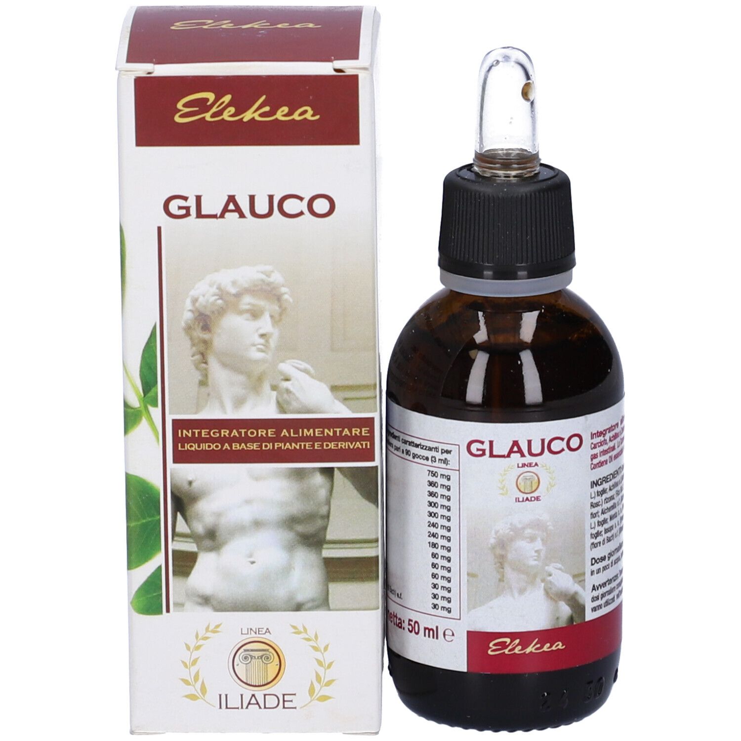 Prodotto Glauco, flacone con confezione. Flacone marrone con tappo nero e contagocce, in confezione di cartone.