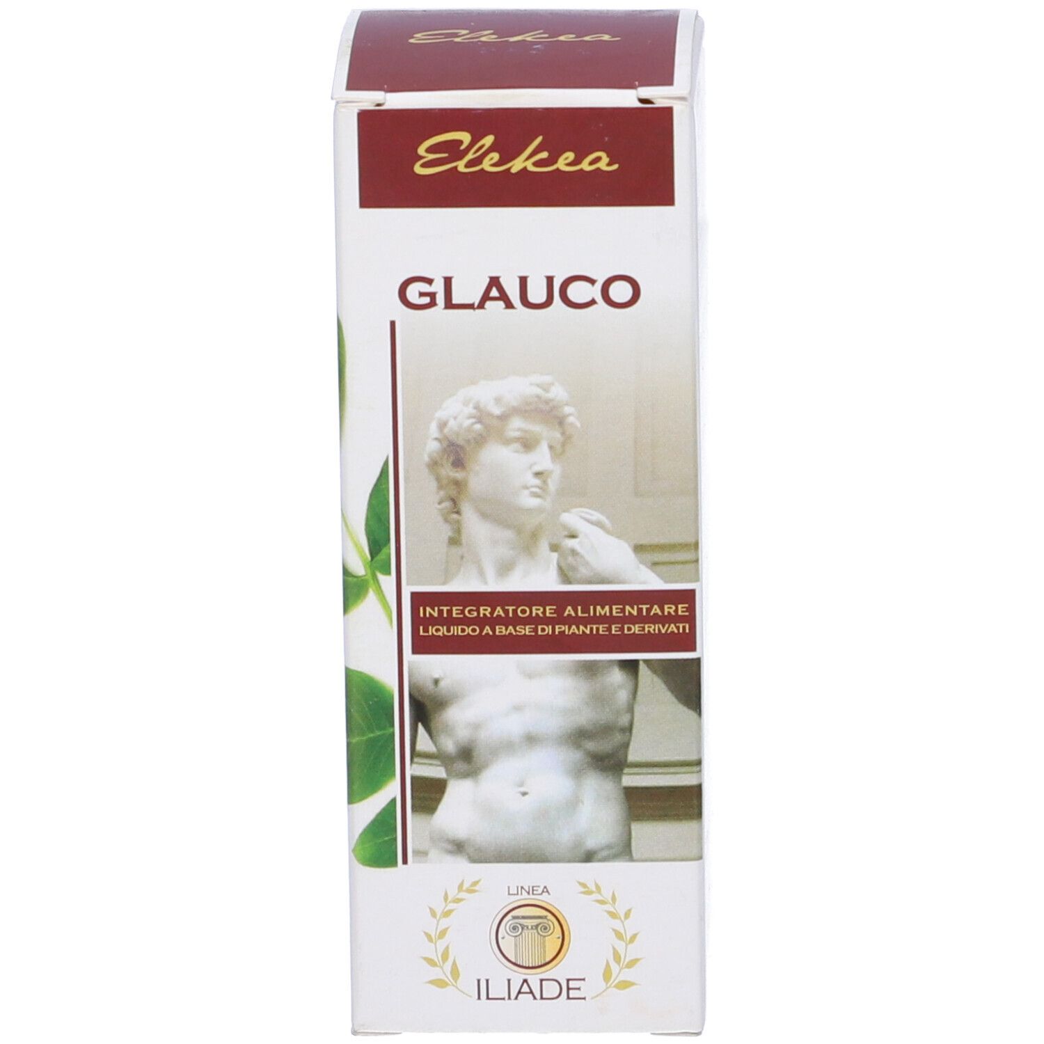 Confezione in cartone per Glauco. Scatola bianca con nome del prodotto, immagine e logo.