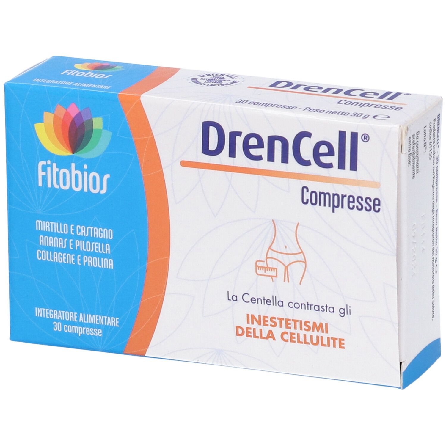 Scatola di compresse Fitobios Drencell. Design blu e bianco con nome del prodotto e informazioni. 30 compresse.