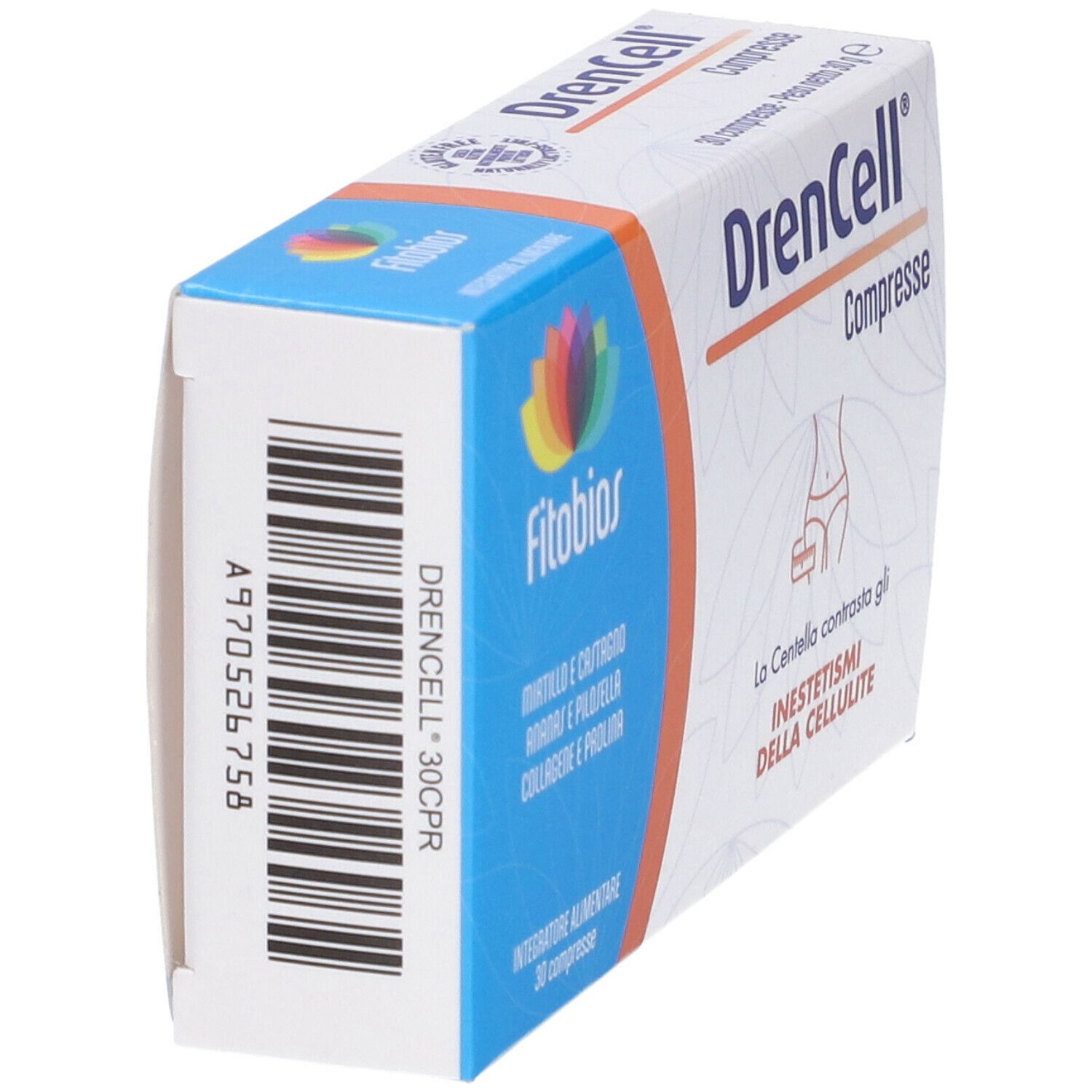 Scatola di compresse Fitobios Drencell. Codice a barre e informazioni sul lato. 30 compresse.